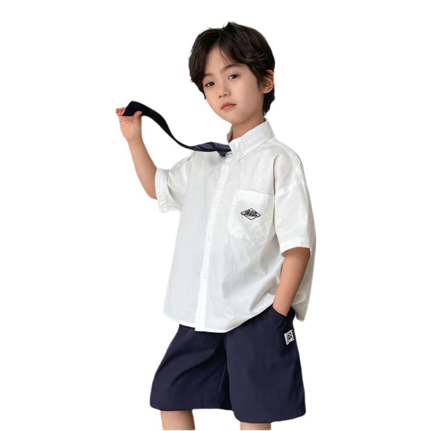 推荐商品：海妈家童装 2026SS 学院风领带短袖衬衫 男中大童 HV6BB01 白