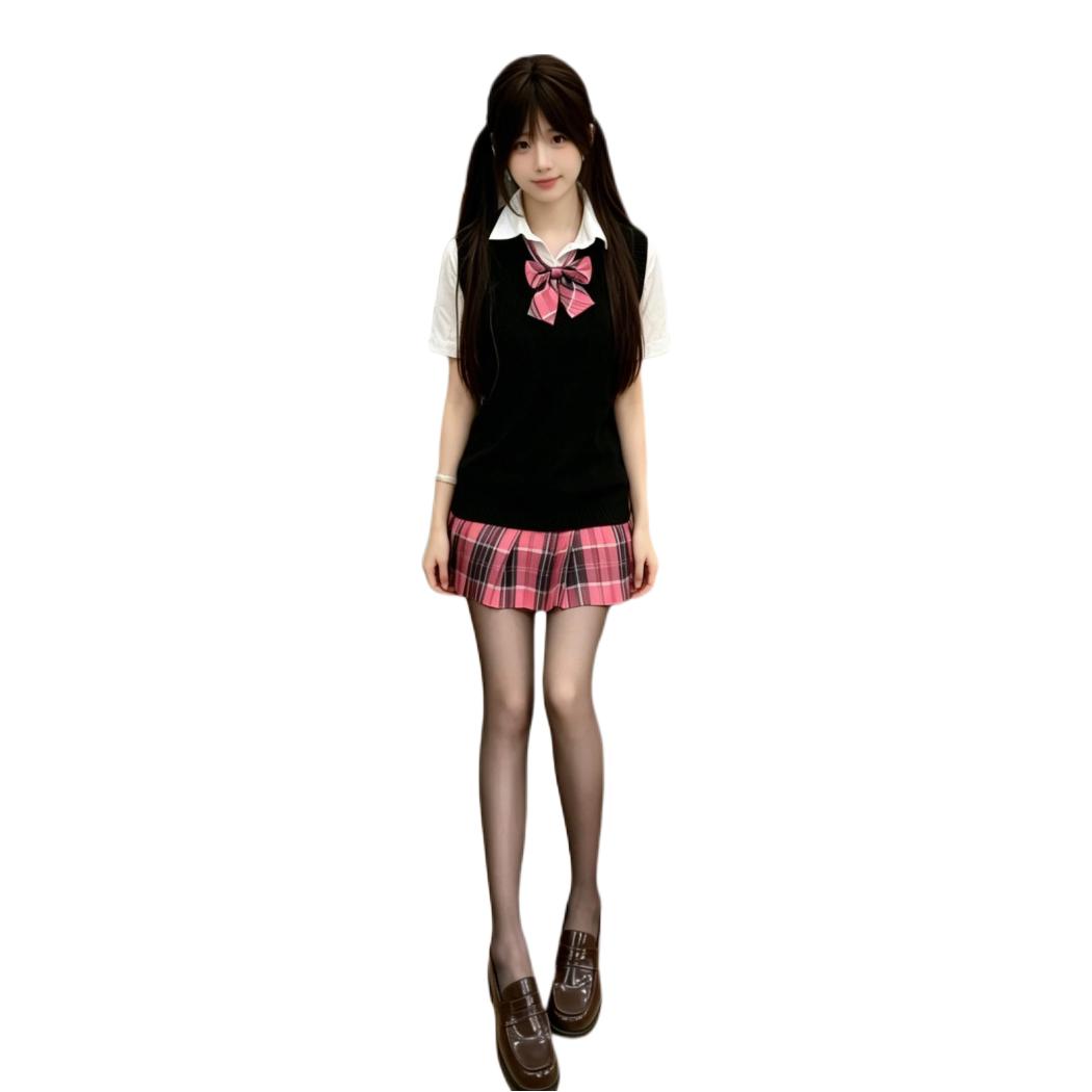 alplume 2026SS 收腰针织叠穿短袖休闲套装 女装 ALPLT931 黑短袖+玫红格裙