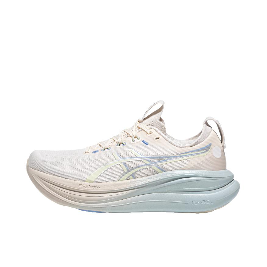 推荐商品：Asics/亚瑟士 GEL-NIMBUS 28 跑鞋 百搭时尚舒适圆头减震回弹夜跑轻便贴合支撑网面抓地慢跑缓冲缓震马拉松训练防滑冬季稳定竞速增高通勤鞋 微光版/女款/米白色/银色/灰色