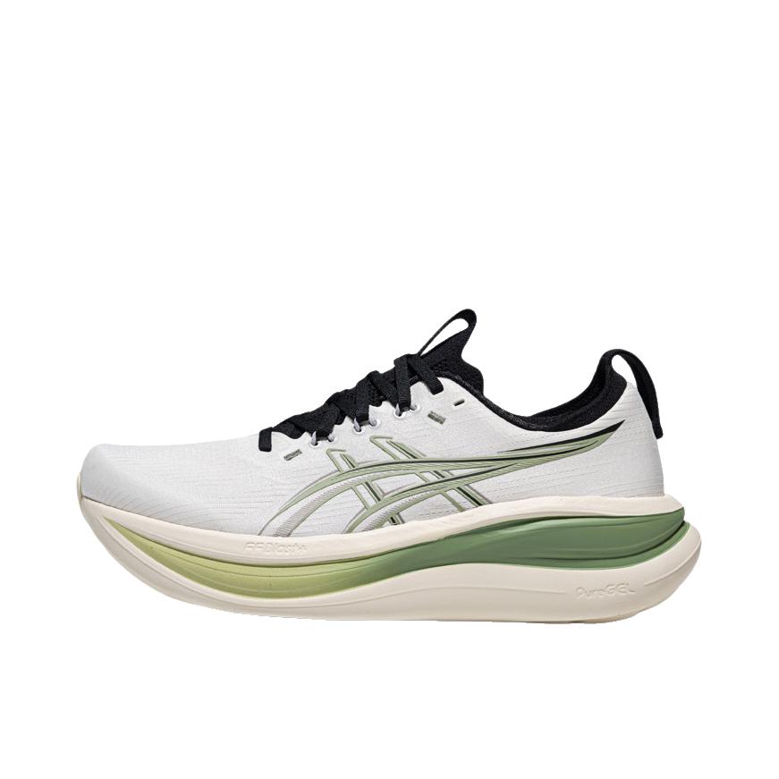 推荐商品：Asics/亚瑟士 GEL-NIMBUS 28 跑鞋 百搭时尚舒适圆头减震回弹夜跑轻便贴合支撑网面抓地慢跑缓冲缓震马拉松训练防滑冬季稳定竞速增高通勤鞋 奶白色/绿色