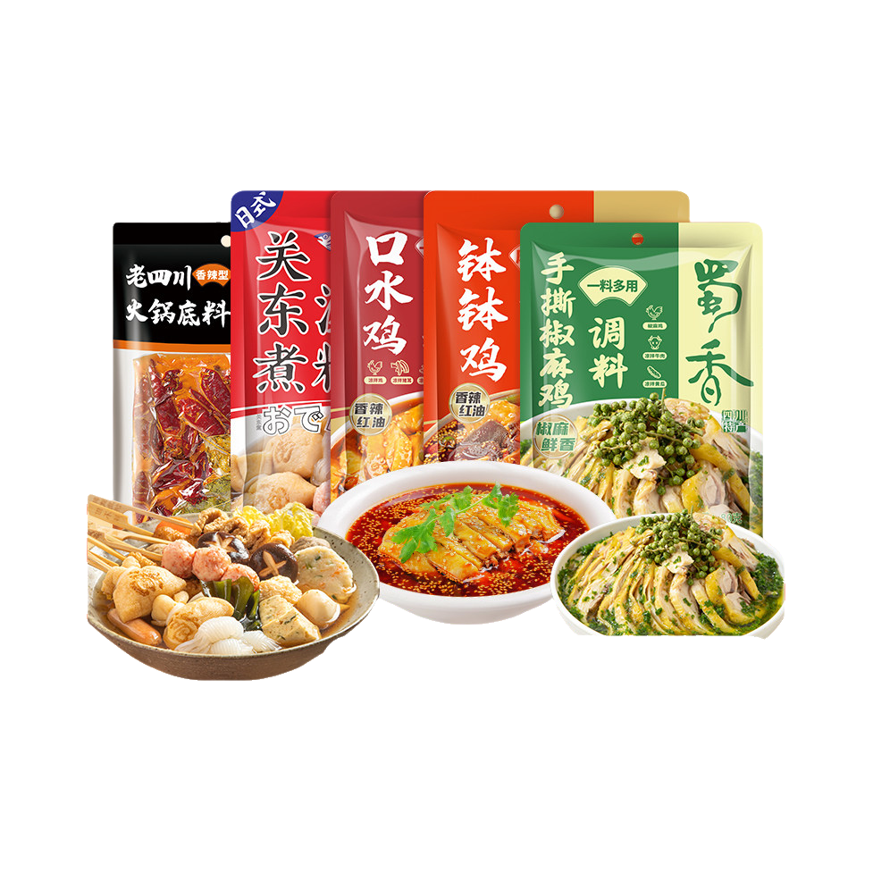 推荐商品：蜀香 老四川火锅底料+关东煮汤料+口水鸡+钵钵鸡+手撕椒麻鸡调料 组合装