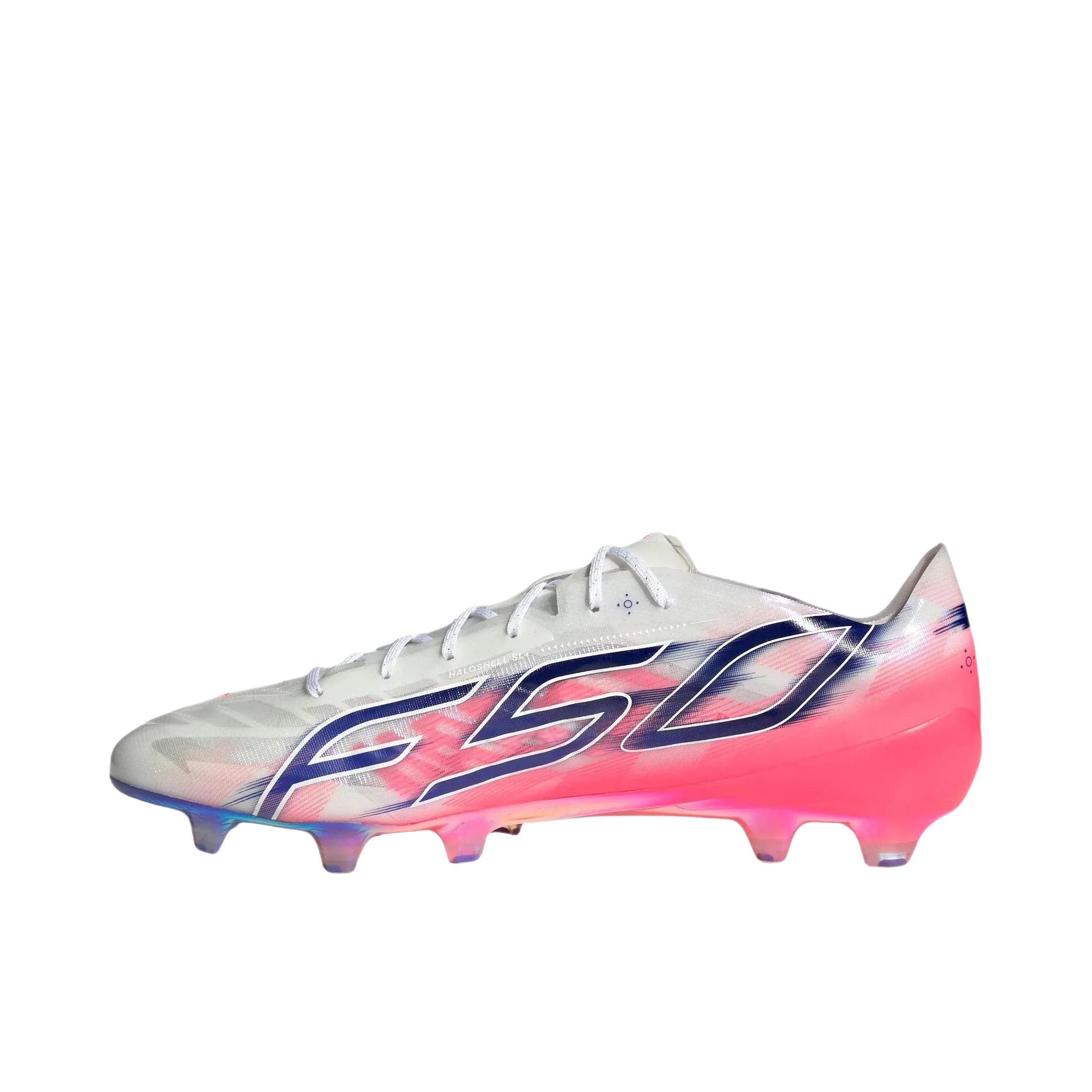 推荐商品：adidas F50 HYPERFAST EVO FG 足球鞋 胶质长钉天然草地防滑 白色/太阳能紫/红色