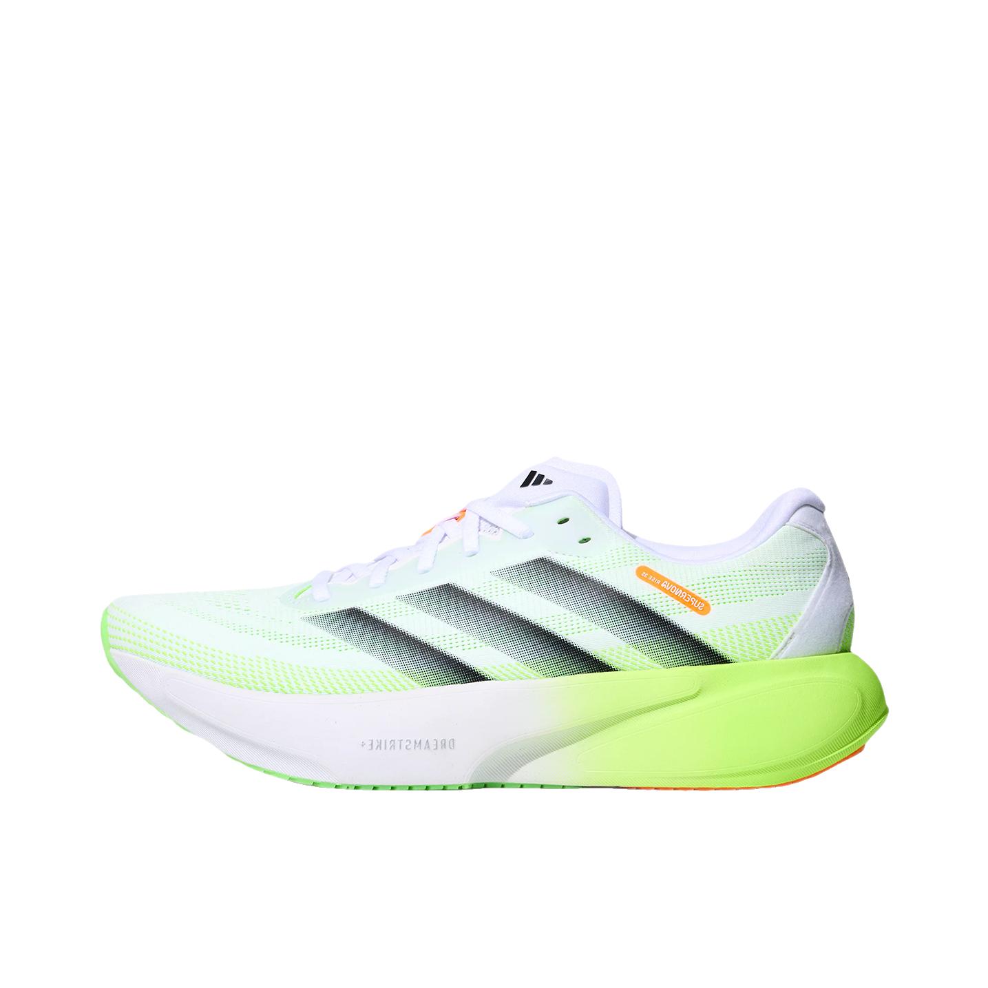 推荐商品：adidas SUPERNOVA RISE 3 跑鞋 百搭时尚舒适回弹防滑贴合支撑体测稳定慢跑 白色/浅绿色