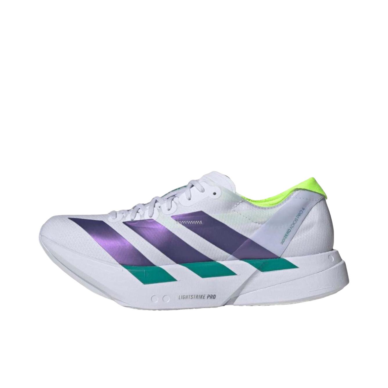 推荐商品：adidas Adizero Adios Pro 4 跑鞋 碳柱缓震防滑耐磨低帮休闲贴合短跑支撑 白色/紫色/青色