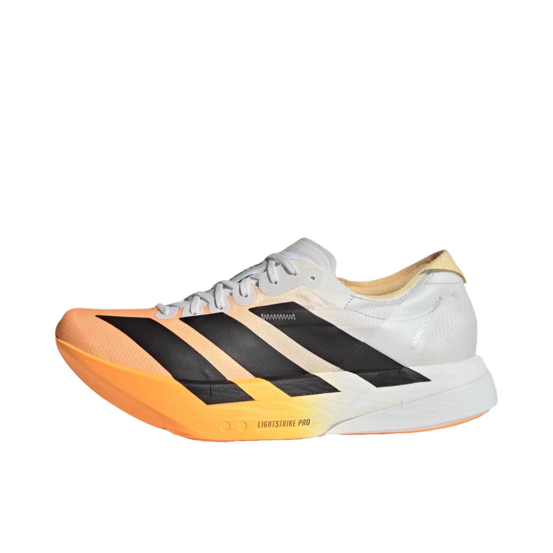 推荐商品：adidas Adizero Adios Pro 4 跑鞋 碳柱缓震防滑耐磨低帮休闲贴合短跑支撑 亮橘色/核心黑色/水晶白 