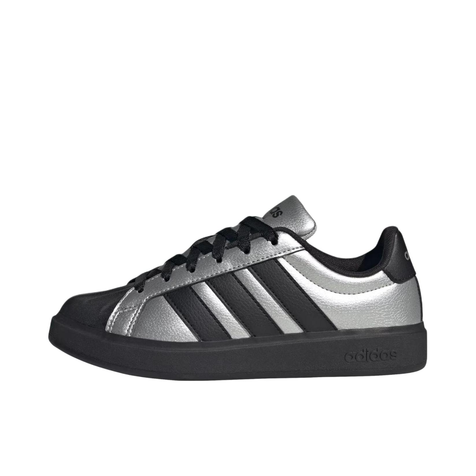 推荐商品：adidas STREETTALK 板鞋 休闲运动舒适合成革贴合圆头 大童/金属银/黑色
