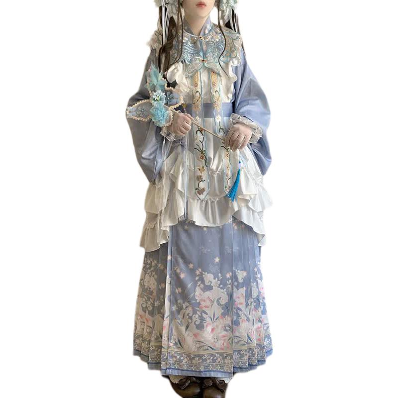 推荐商品：汉虞葵 2026SS 折衷洛丽塔琵琶袖刺绣长袖汉服 女装 HYP-013 蓝/五件套