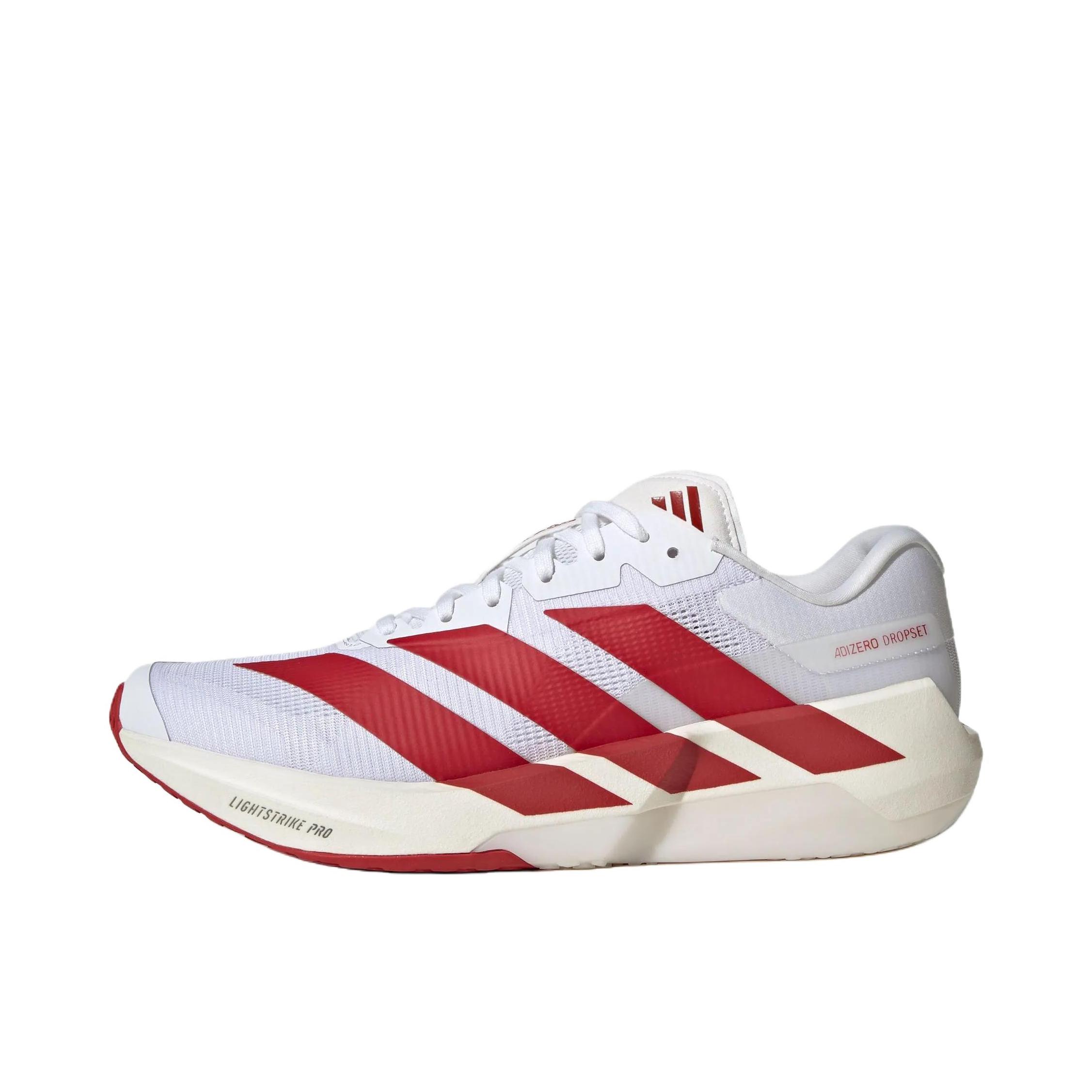 推荐商品：adidas ADIZERO DROPSET PRO TRAINER 训练鞋 系带圆头防滑 白色/能量红/亮金属铁灰 