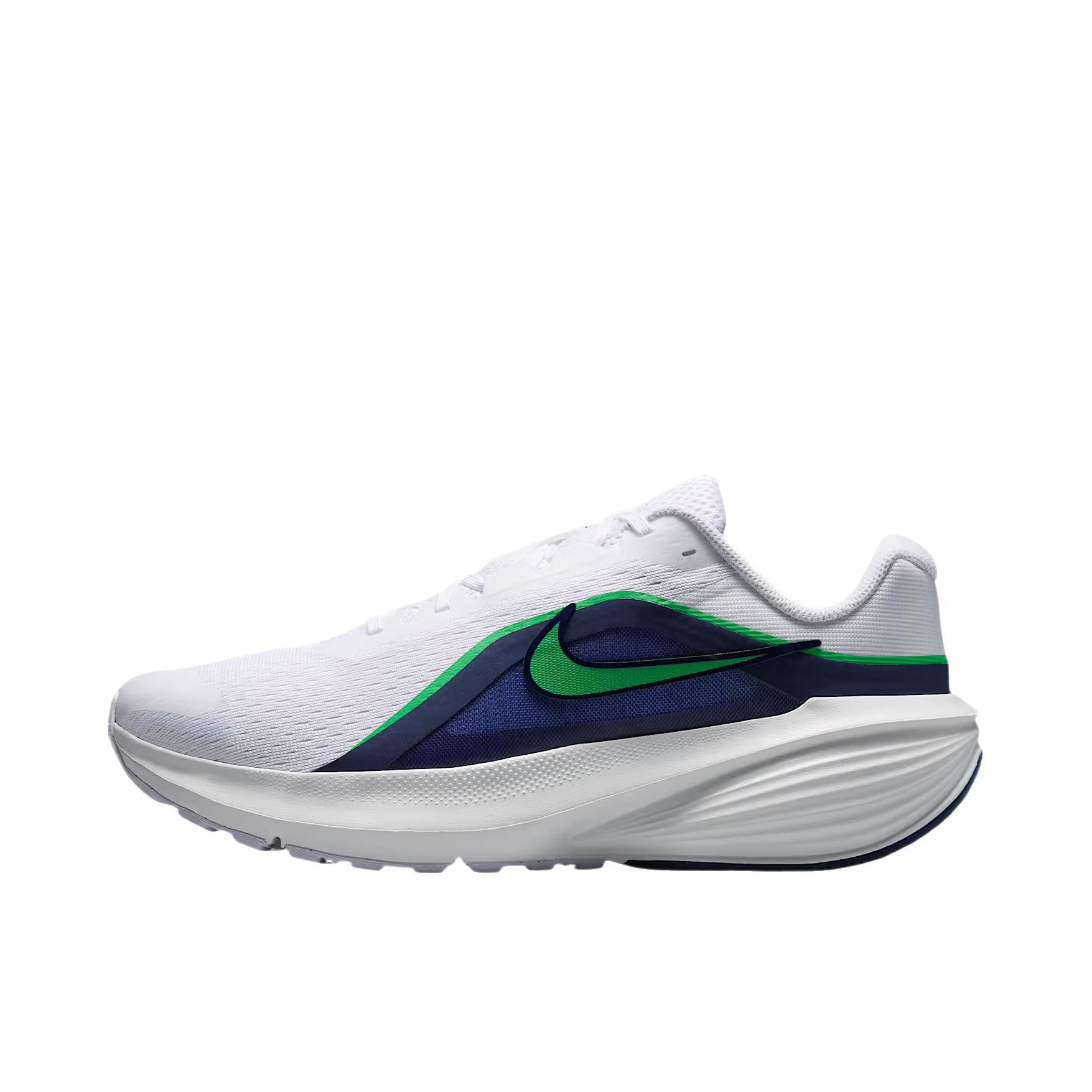 推荐商品：Nike Downshifter 14 跑鞋 时尚系带轻便透气回弹训练贴合缓震防滑 宽版/白色/午夜蓝/峰白色/火花绿