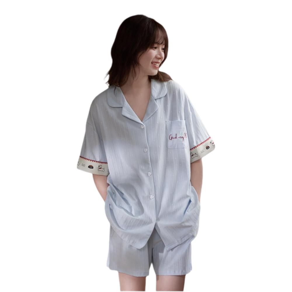 推荐商品：马克公主 2026SS 翻领卡通刺绣短袖睡衣套装 女装 HZ3018 蓝