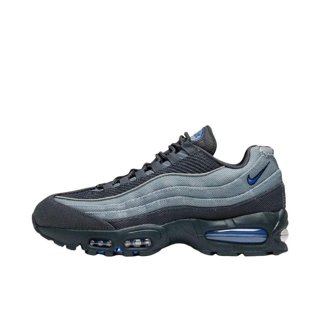 推荐商品：Nike Air Max 95 跑鞋 潮流时尚复古百搭防滑耐磨舒适透气防水气垫织物支撑低帮缓震贴合耐用圆头 烟灰色/蓝色