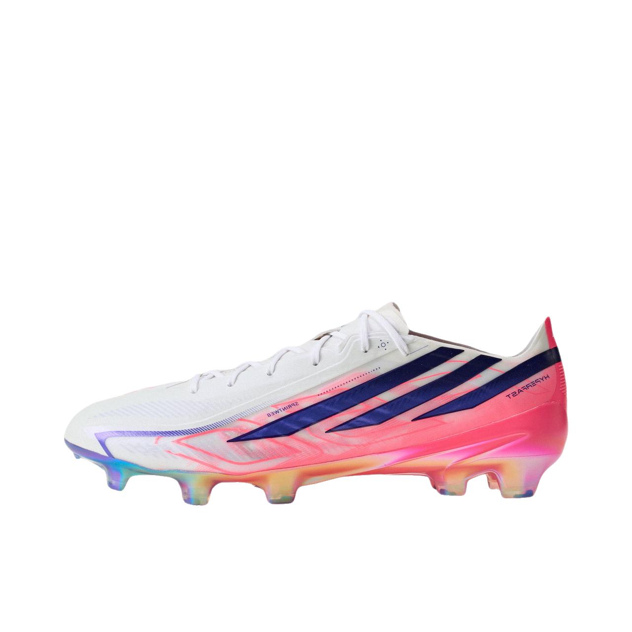 推荐商品：adidas F50 Hyperfast Elite FG 足球鞋 胶质长钉人造草地圆头耐磨 白色/太阳能紫/漩涡荧光红