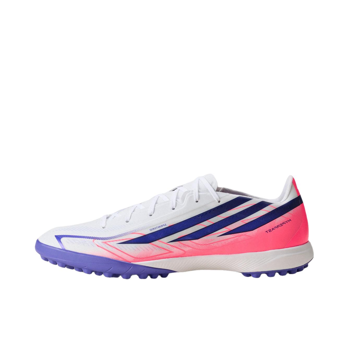 推荐商品：adidas F50 HYPERFAST LEAGUE TF 足球鞋 碎钉室外硬底耐磨透气 白色/太阳能紫/漩涡荧光红 