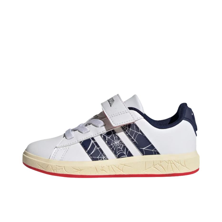 推荐商品：adidas MARVEL'S SPIDER-MAN RACER Grand Court 板鞋 舒适时尚透气 大童/云白色/深蓝色/暖香草色