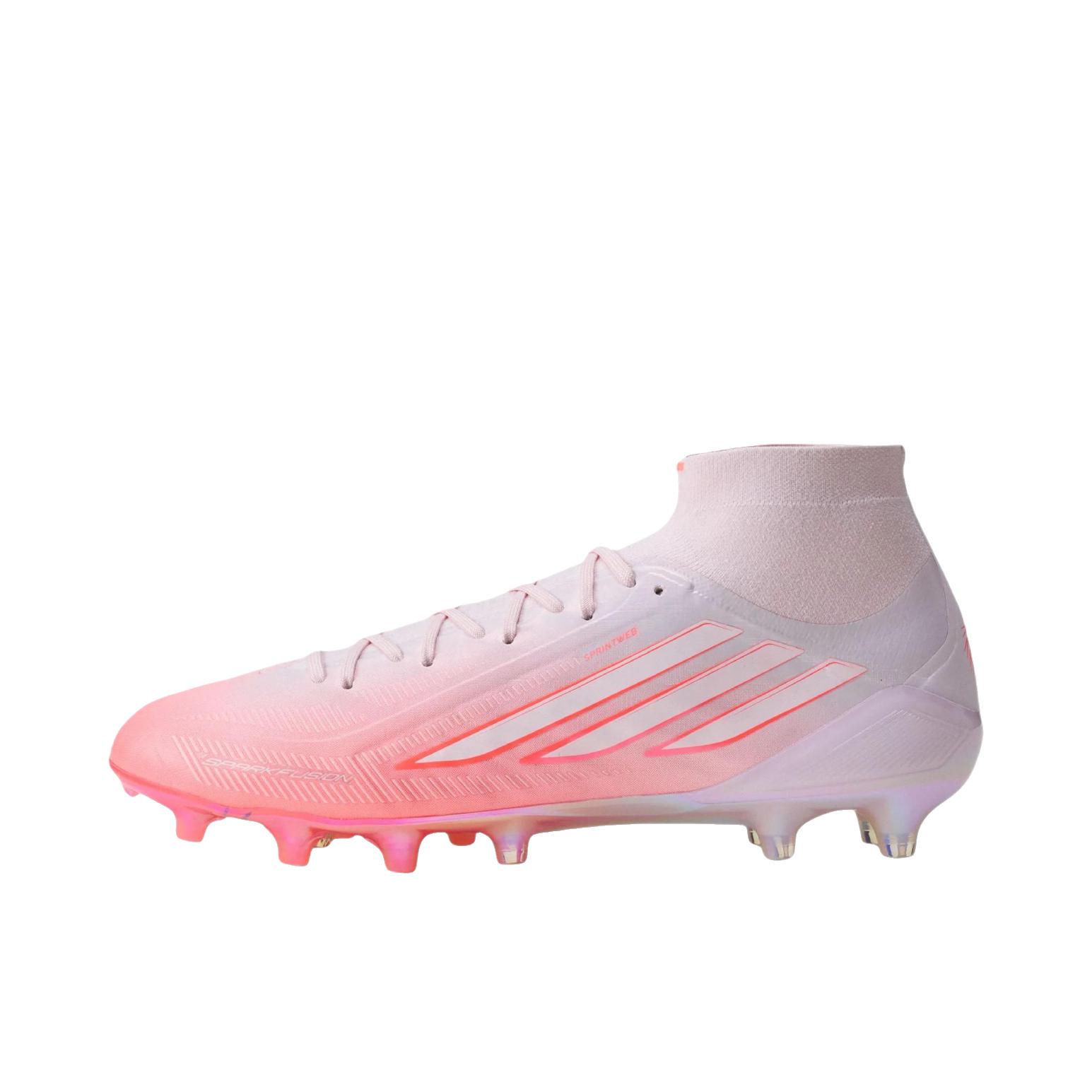 推荐商品：adidas F50 Sparkfusion League FG/AG 足球鞋 中端混钉百搭耐磨中帮圆头训练比赛 漩涡荧光红/白色/粉色