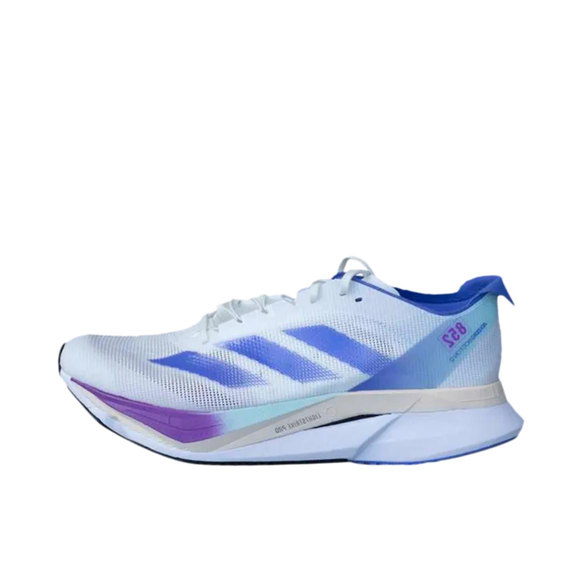 推荐商品：adidas Adizero Boston 12 跑鞋 碳板玻纤柱耐磨缓震马拉松运动支撑 白色/蓝色 