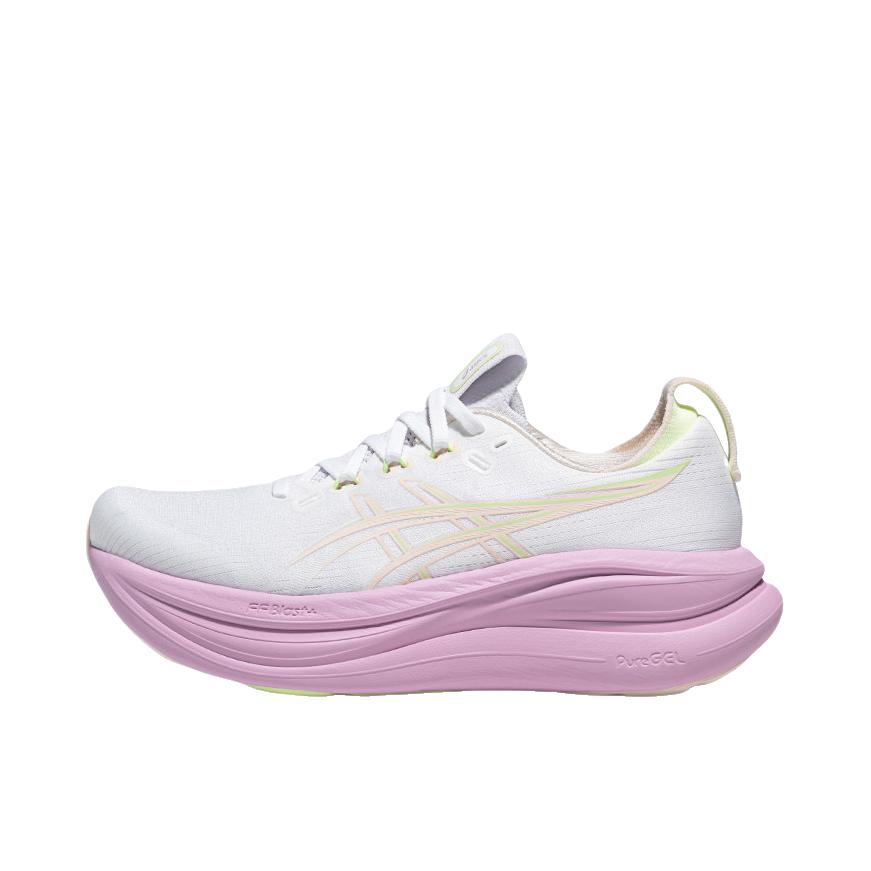 推荐商品：Asics/亚瑟士 GEL-NIMBUS 28 跑鞋 百搭时尚舒适圆头减震回弹夜跑轻便贴合支撑网面抓地慢跑缓冲缓震马拉松训练防滑冬季稳定竞速增高通勤鞋 女款/白色/粉色