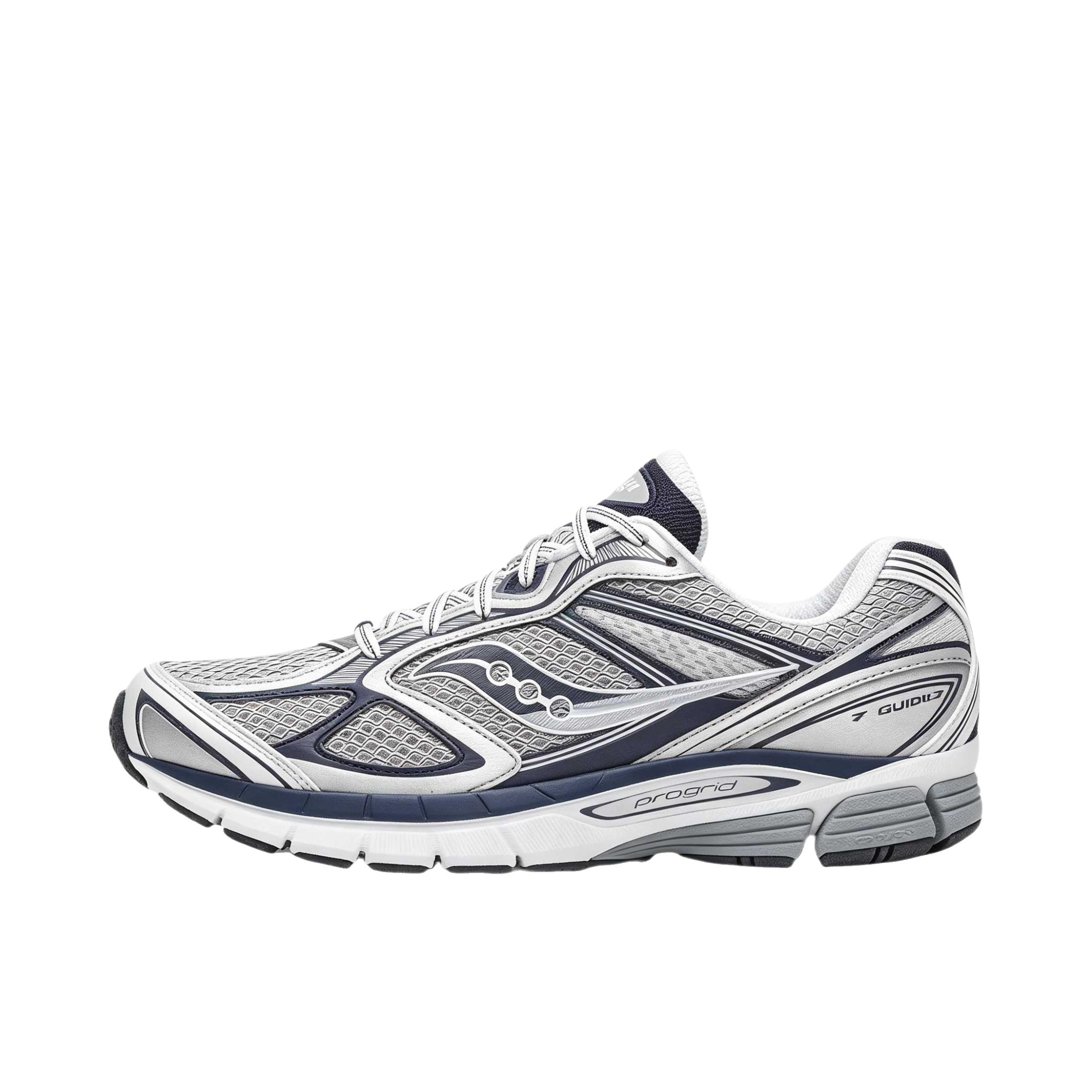 推荐商品：Saucony/索康尼 PROGRID GUIDE 7 跑鞋 耐磨复古美观缓震防滑千禧 雾色/海军蓝 