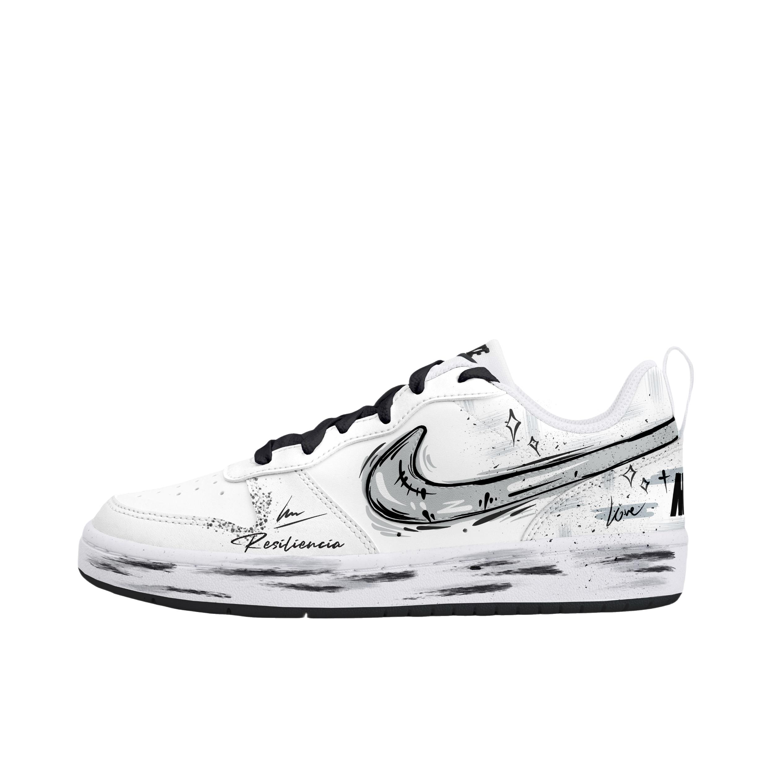 推荐商品：【定制球鞋】 Nike Court Borough 板鞋 防滑防水轻便减震手绘减龄做旧甜酷高街合成革甜妹包裹性复古婚鞋增高小白鞋薄底秋冬脏脏鞋 大童/墨绘涂鸦