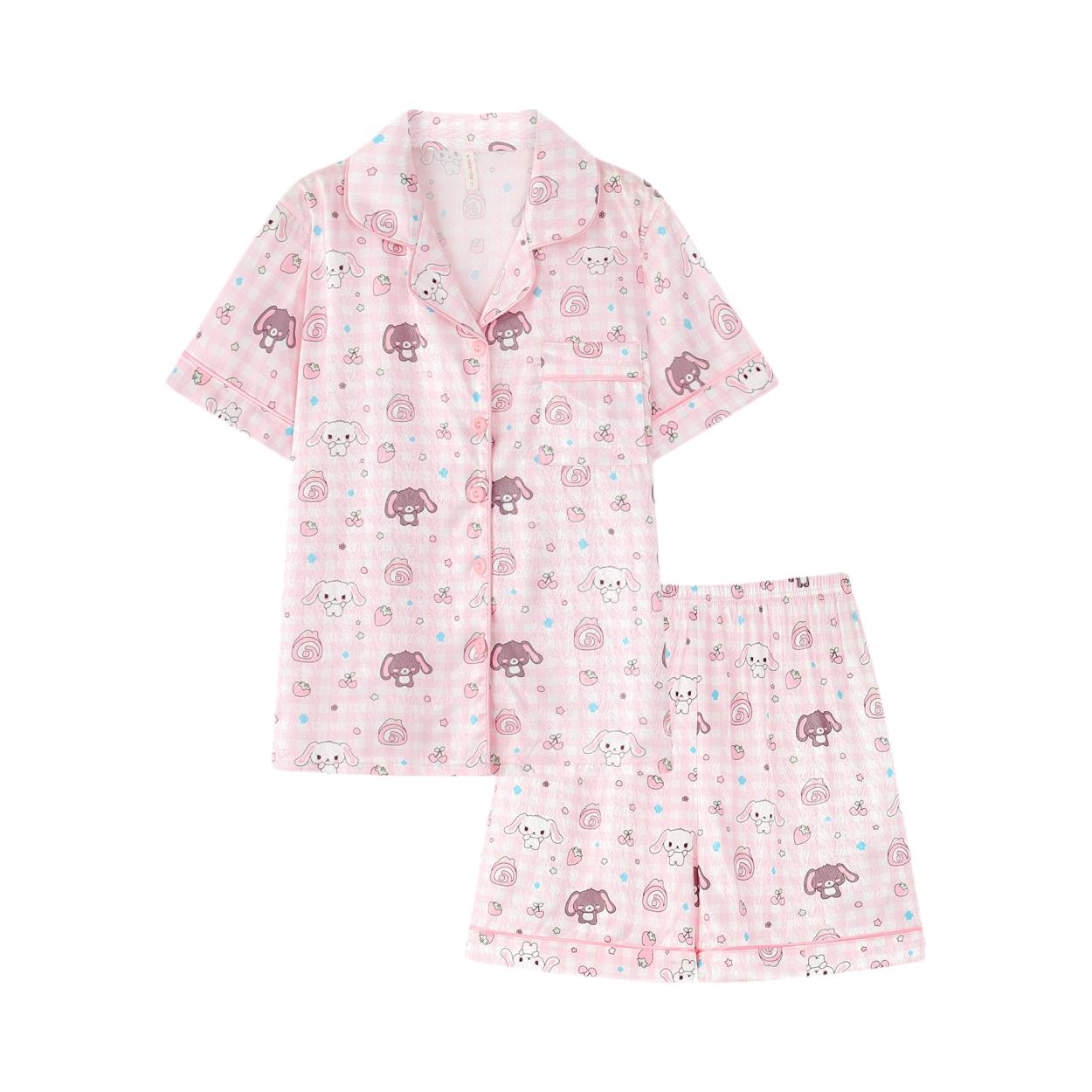 推荐商品：小栗子 2026SS 卡通翻领短袖开衫睡衣套装 女装 DX-1194 粉