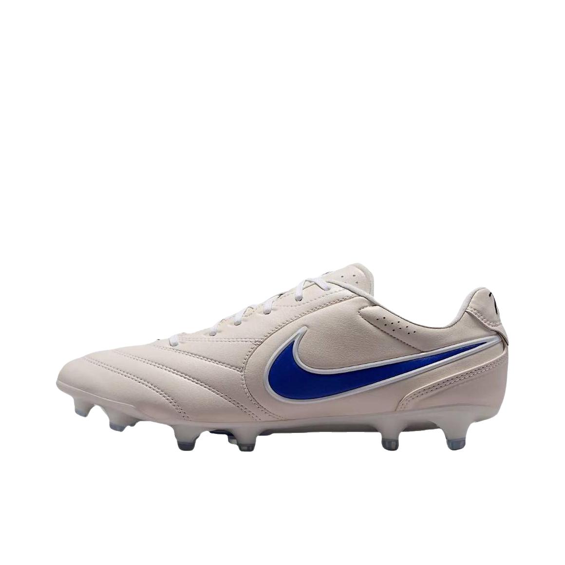 推荐商品：Nike TIEMPO LIGERA PRO FG 足球鞋 胶质长钉真草系带舒适合成革耐穿圆头 粉白/白色/赛车蓝