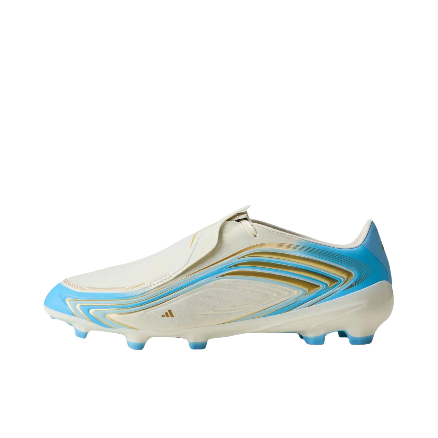 推荐商品：adidas F50 ELITE TUNIT FG 足球鞋 系带长钉厚底圆头贴合 奶白色/蓝色