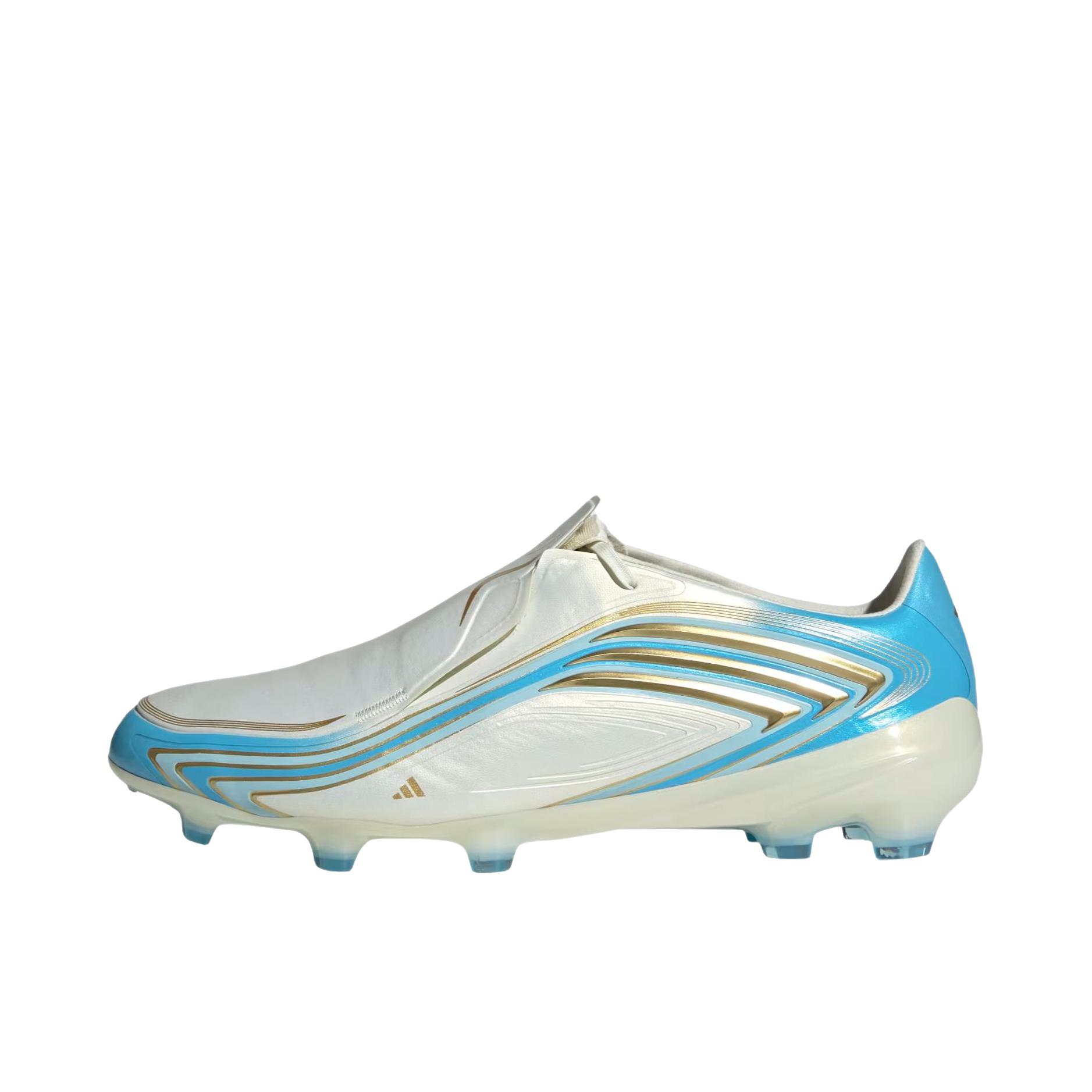 推荐商品：adidas F50 ELITE TUNIT FG 足球鞋 系带长钉厚底圆头贴合 珍珠白/浅蓝色