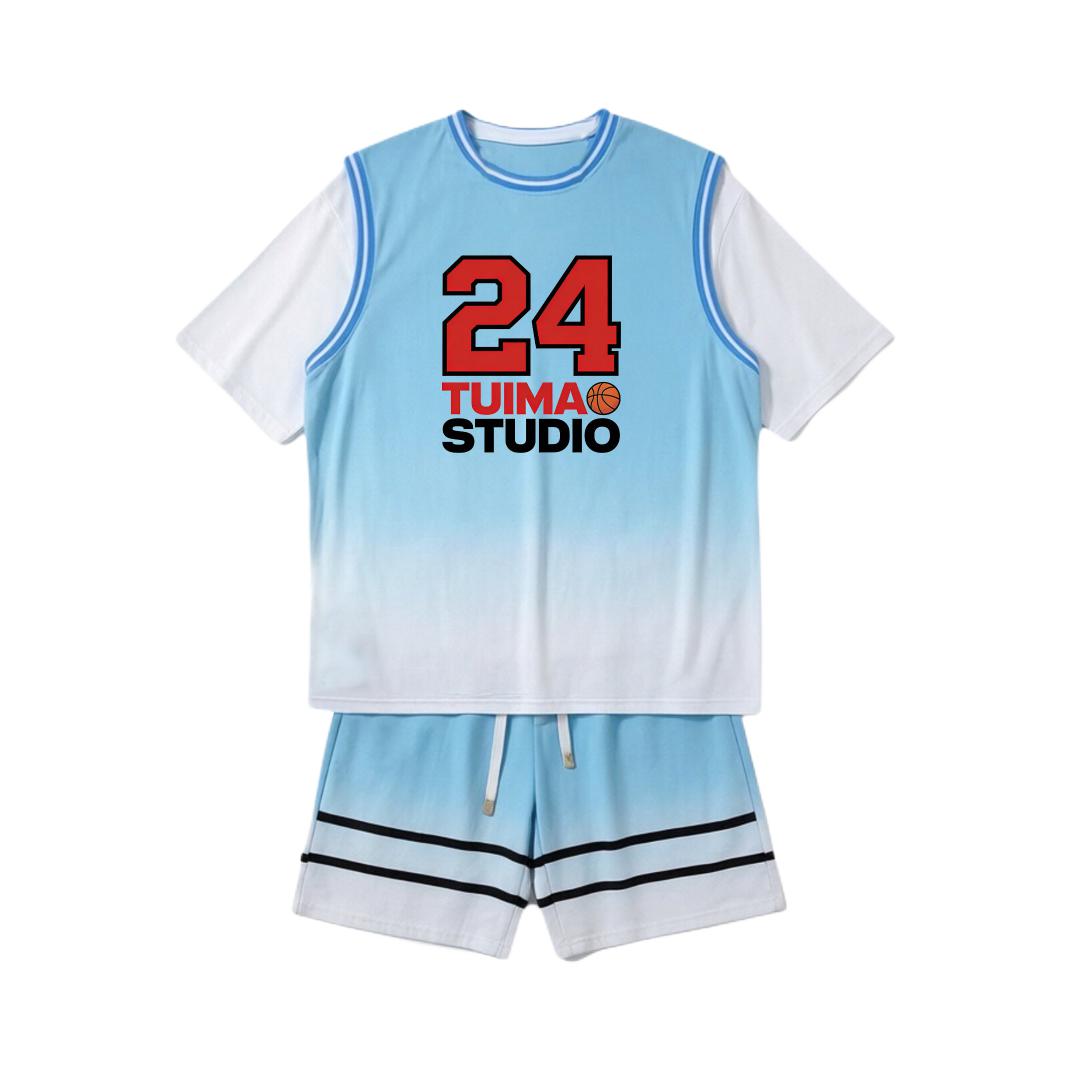 推荐商品：TUIMAO STUDIO 2026SS 透气假两件渐变短袖篮球服 渐变蓝/上装+渐变蓝/下装