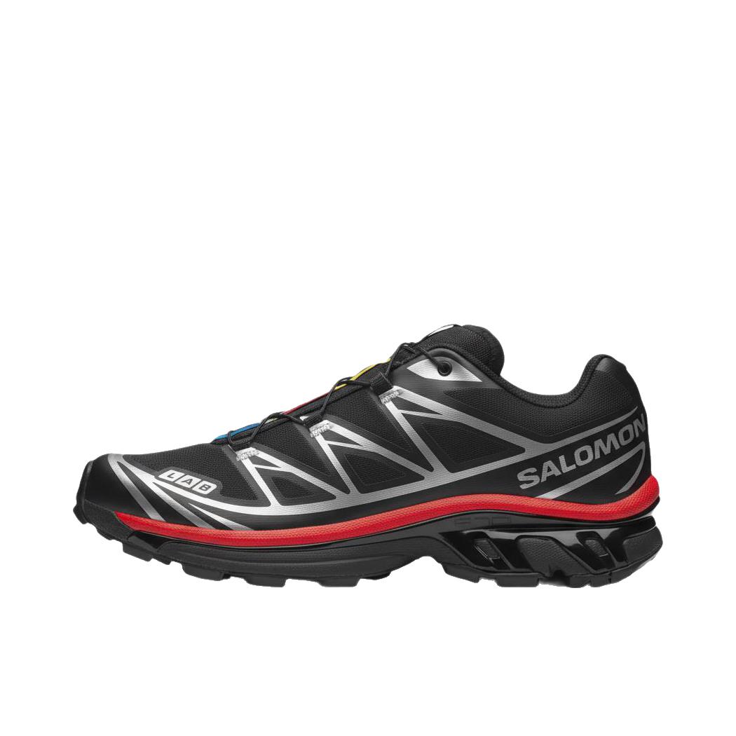 推荐商品：Salomon/萨洛蒙 XT-6 户外休闲鞋 越野跑鞋 织物复古机能透气网布支撑防水包裹性 钢琴黑/红色
