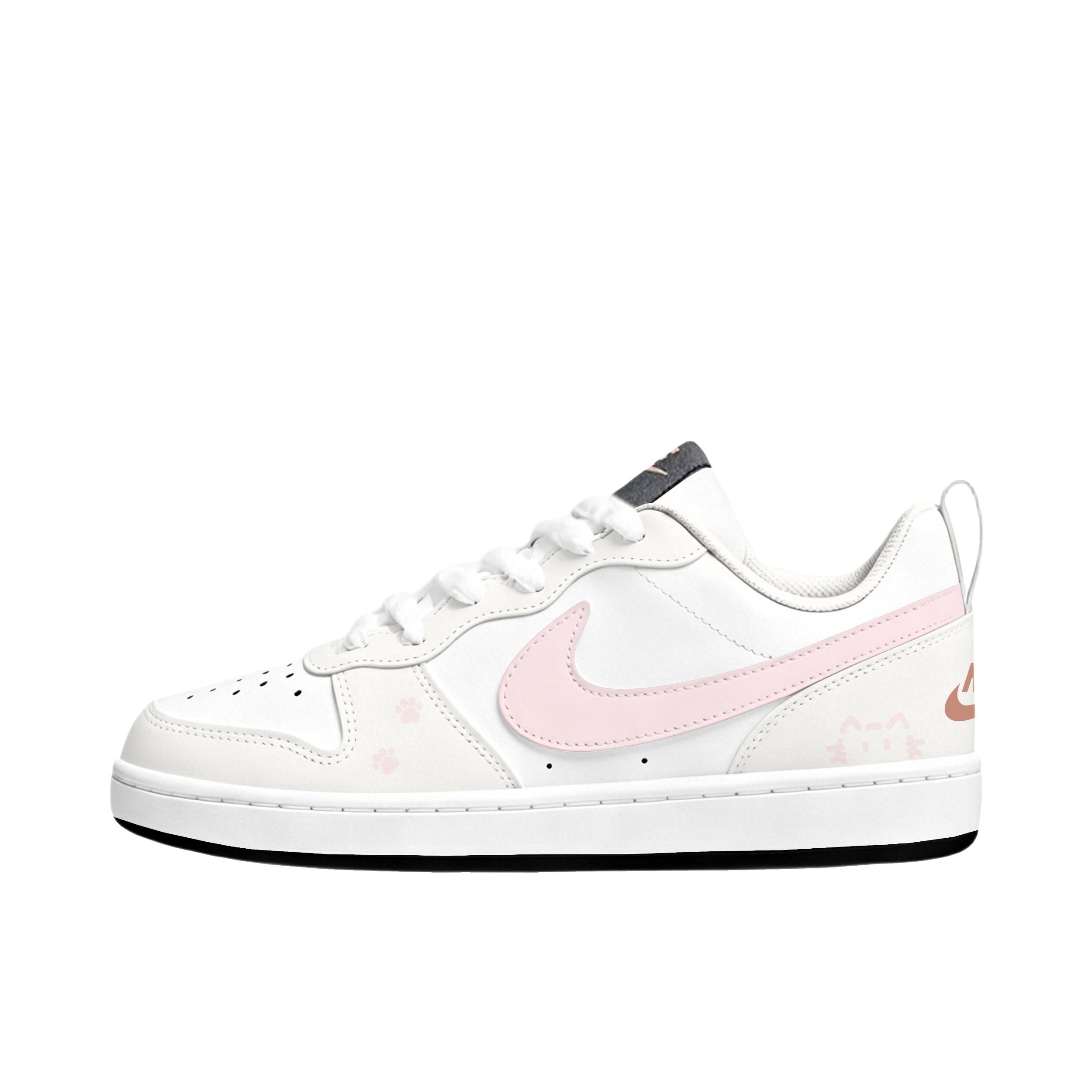 推荐商品：【定制球鞋】 Nike Court Borough 板鞋 防滑防水轻便减震手绘减龄做旧甜酷高街合成革甜妹包裹性复古婚鞋增高小白鞋薄底秋冬脏脏鞋 女款/冰莓奶咪