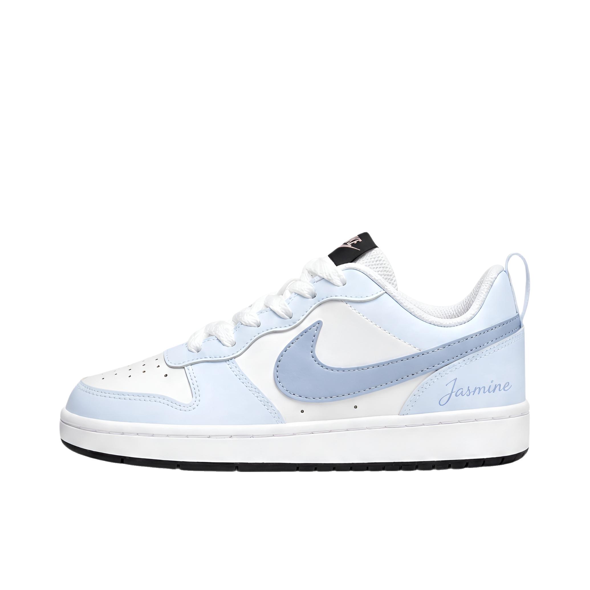 推荐商品：【定制球鞋】 Nike Court Borough 板鞋 防滑防水轻便减震手绘减龄做旧甜酷高街合成革甜妹包裹性复古婚鞋增高小白鞋薄底秋冬脏脏鞋 女款/茉莉奶蓝