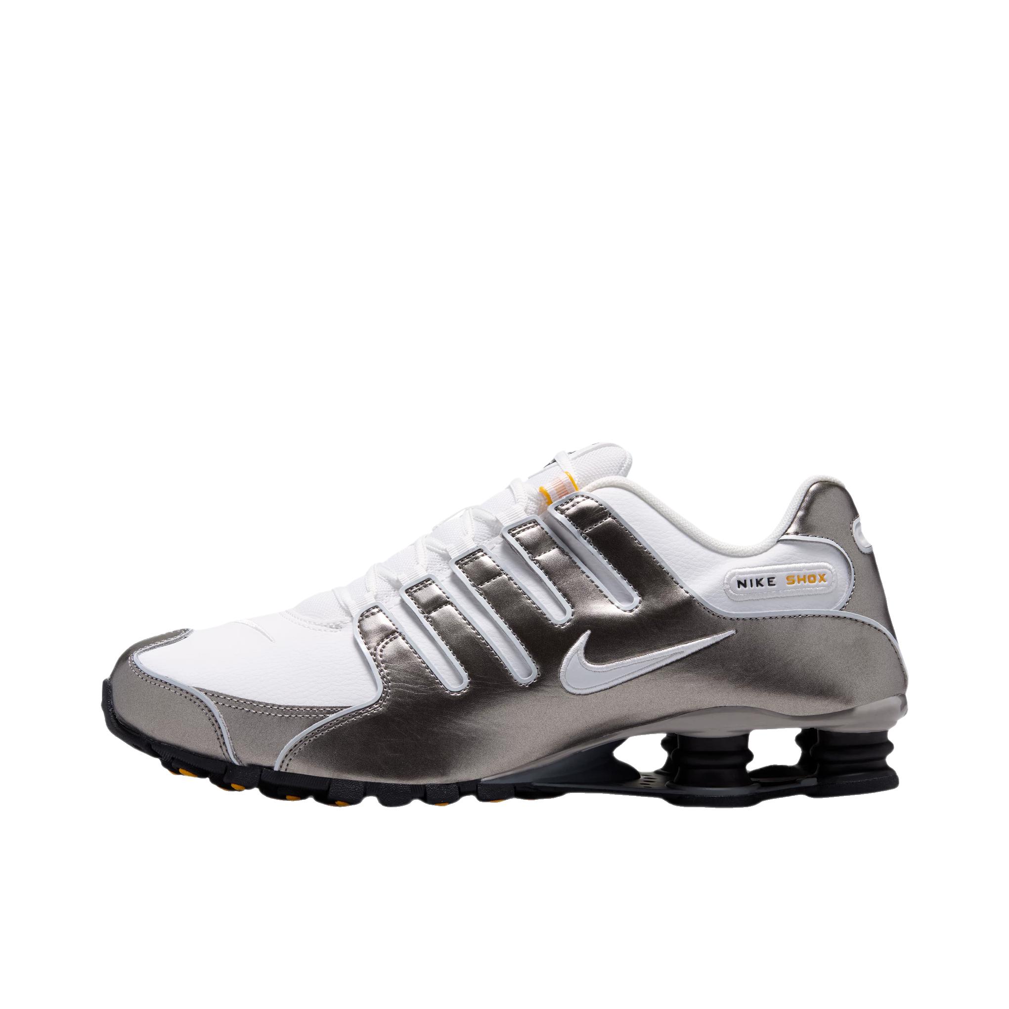 推荐商品：Nike Shox NZ 跑鞋 减震回弹防滑耐磨运动舒适皮革贴合支撑 山峰白/金属锡灰/大学金/黑色/烟灰色