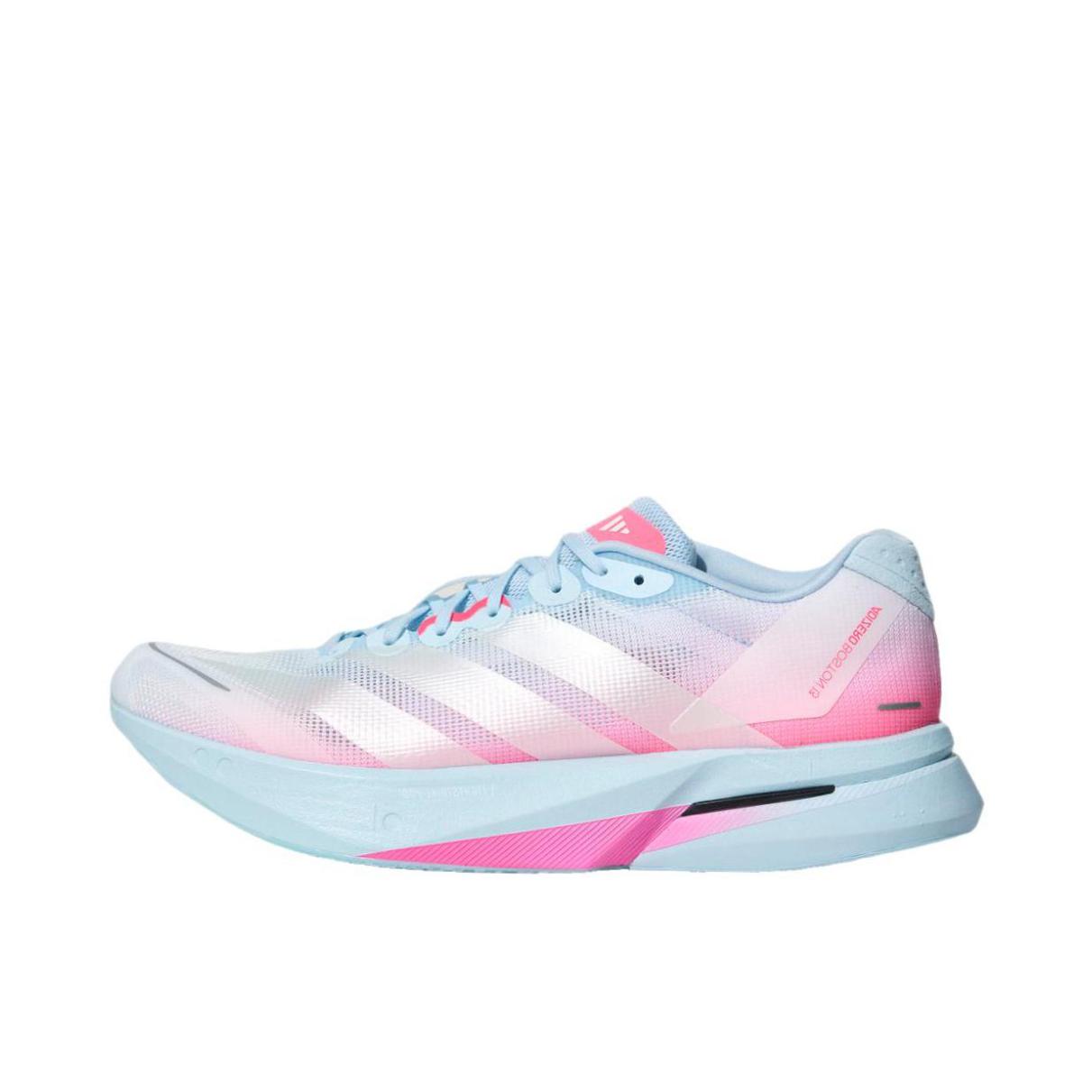 推荐商品：adidas Adizero Boston 13 跑鞋 低帮系带防滑耐磨透气玻纤柱竞训支撑贴合 冰晶蓝/白金属/亮粉色