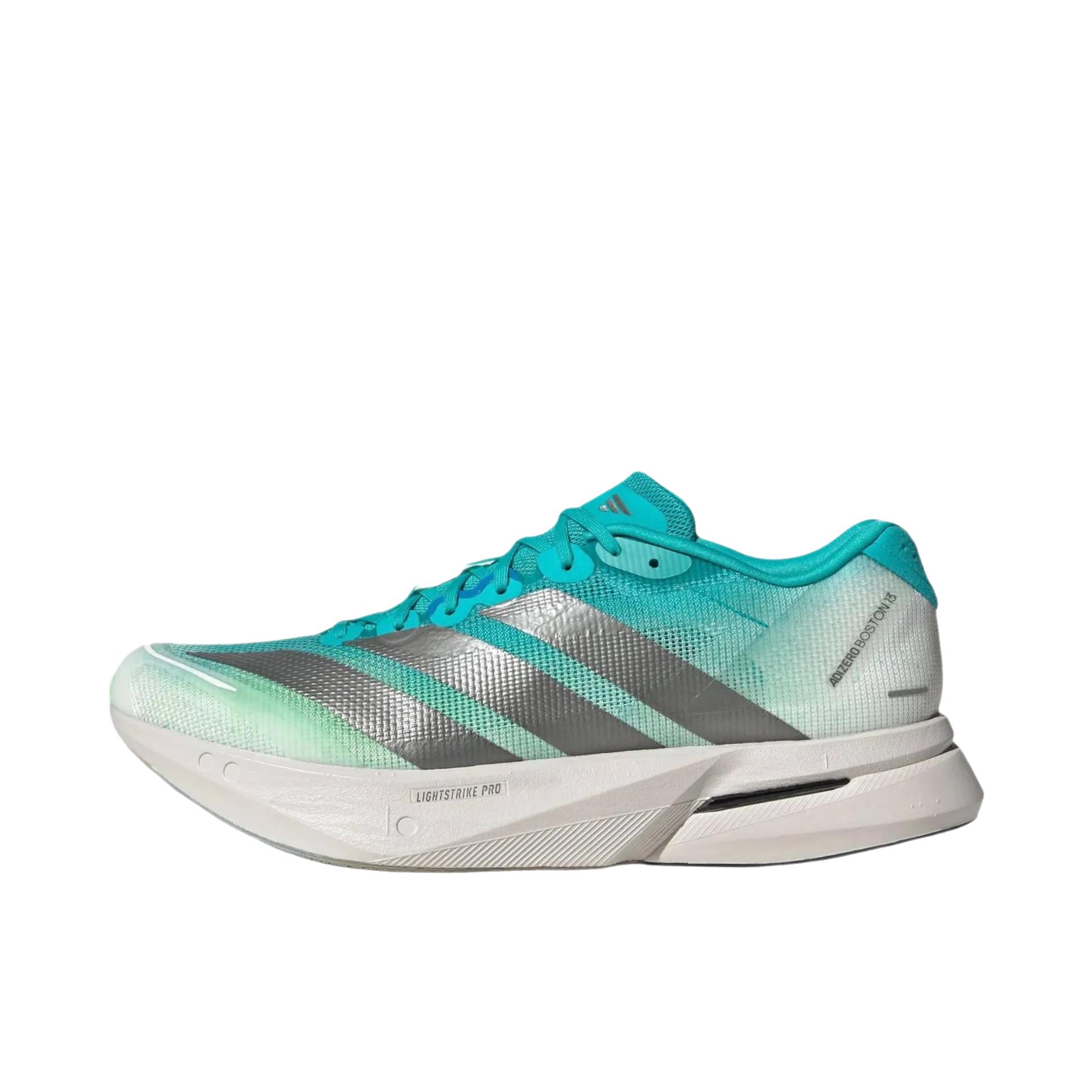 推荐商品：adidas Adizero Boston 13 跑鞋 低帮系带防滑耐磨透气玻纤柱竞训支撑贴合 清质水绿/亮金属铁灰/浅灰色