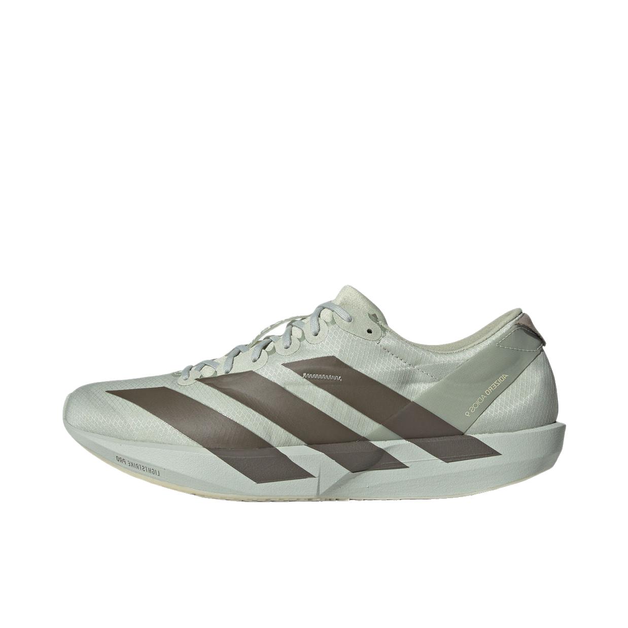 推荐商品：adidas Adizero adios 9 跑鞋 尼龙缓震稳定薄底贴合支撑 光晕绿/树桠褐/冰晶金