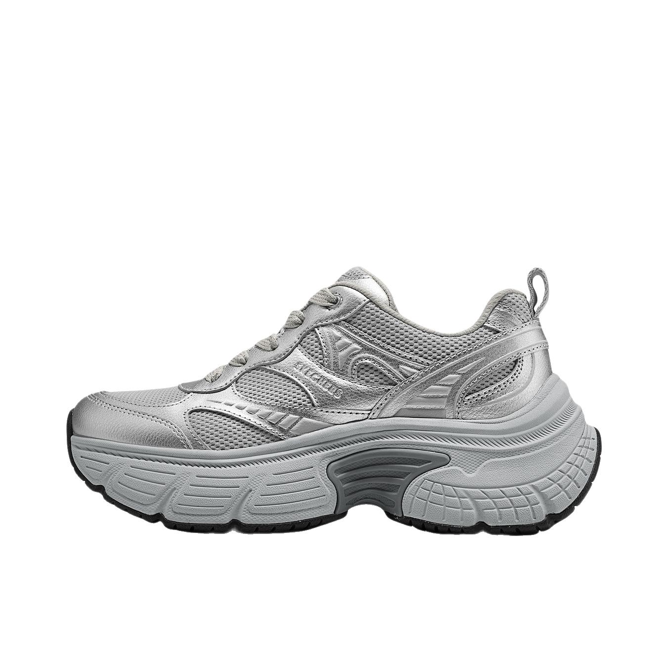 推荐商品：Skechers/斯凯奇 Street 老爹鞋 休闲舒适防滑耐磨 女款/银色