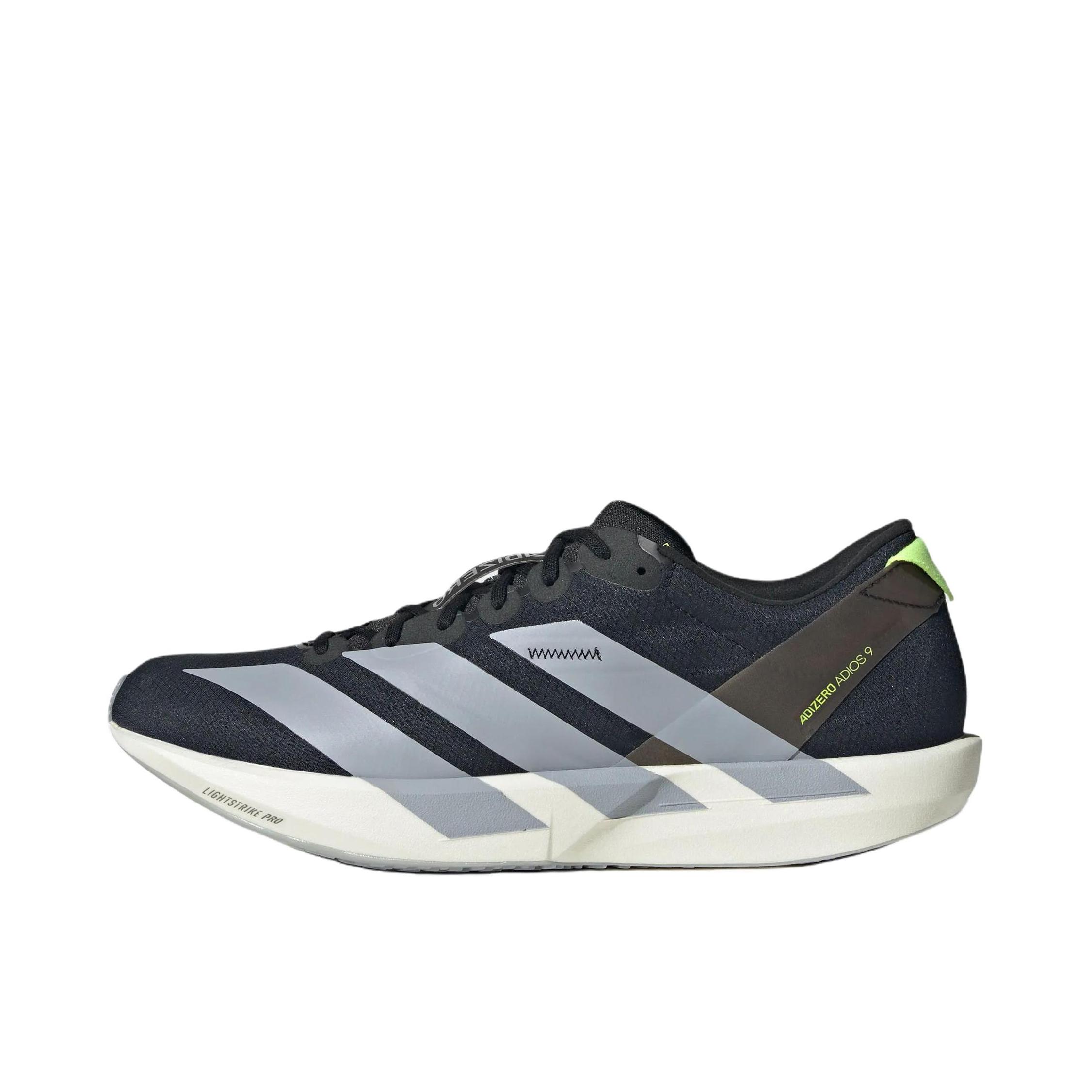 推荐商品：adidas Adizero adios 9 跑鞋 尼龙缓震稳定薄底贴合支撑 黑色/浅银色/亮黄荧光 