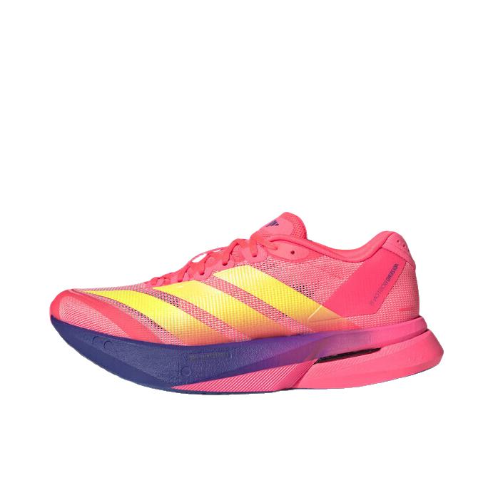 推荐商品：adidas Adizero Boston 13 跑鞋 低帮系带防滑耐磨透气玻纤柱竞训支撑贴合 漩涡荧光红/黄色/靛蓝色