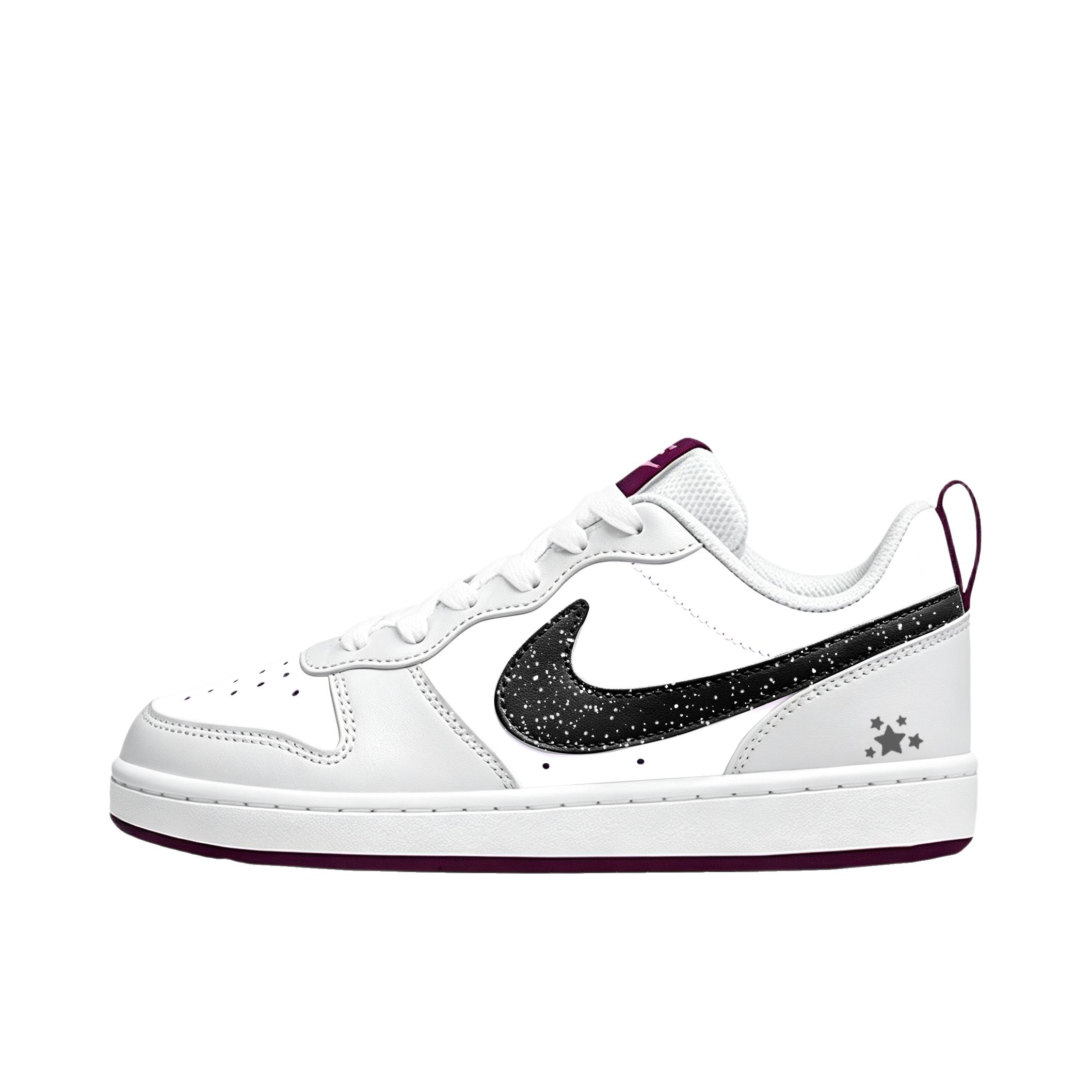 推荐商品：【定制球鞋】 Nike Court Borough 板鞋 防滑防水轻便减震手绘减龄做旧甜酷高街合成革甜妹包裹性复古婚鞋增高小白鞋薄底秋冬脏脏鞋 女款/星墨点点
