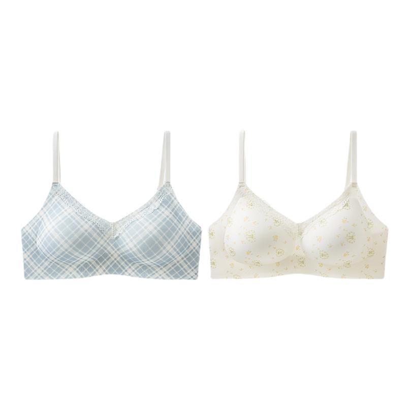 推荐商品：jiaoshu/蕉树 2026SS 抗菌透气V领蕾丝文胸 女装 2633 黄碎花+蓝格子/2件装