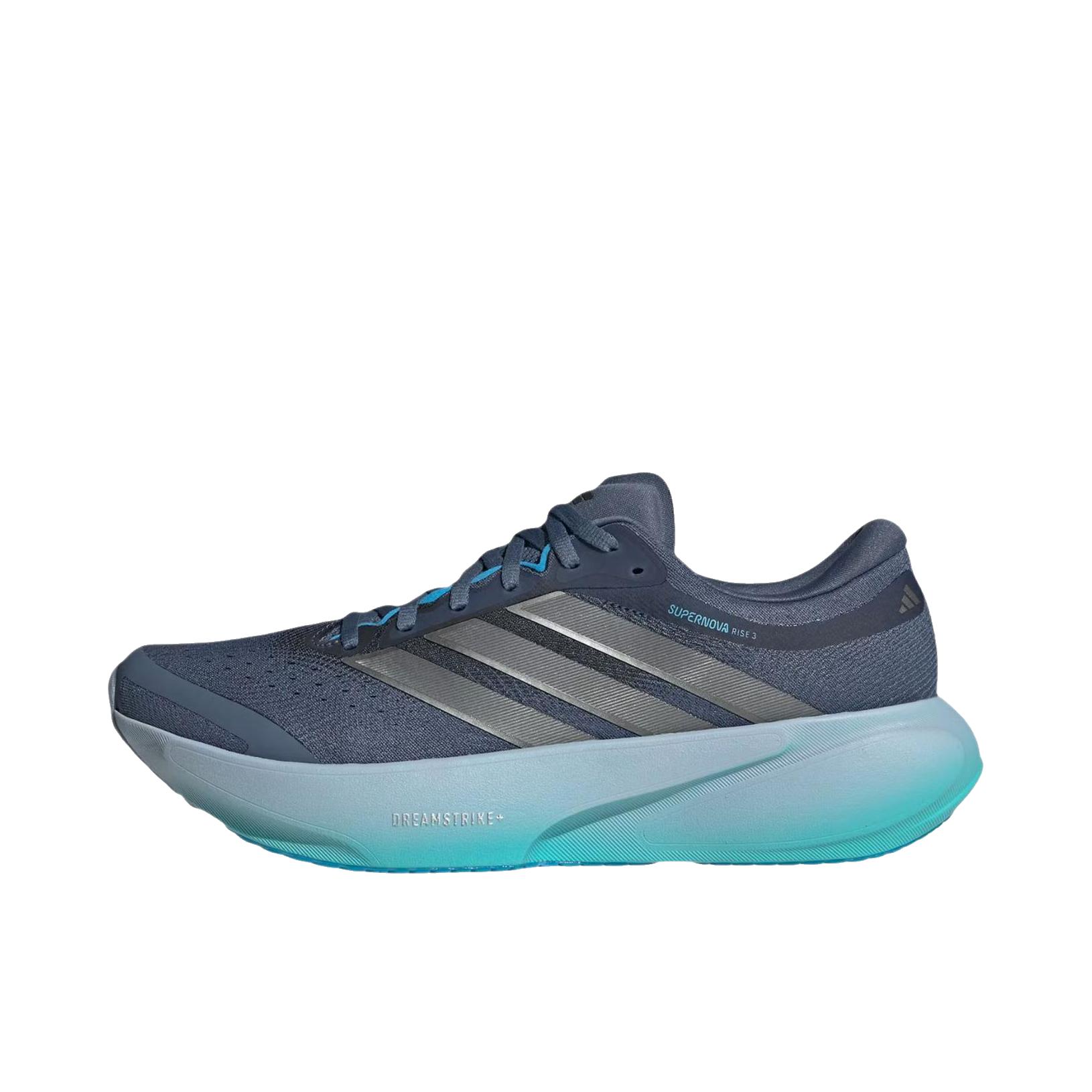 推荐商品：adidas SUPERNOVA RISE 3 跑鞋 百搭时尚舒适回弹防滑贴合支撑体测稳定慢跑 科技墨/铁金属色/亮丽海蓝 