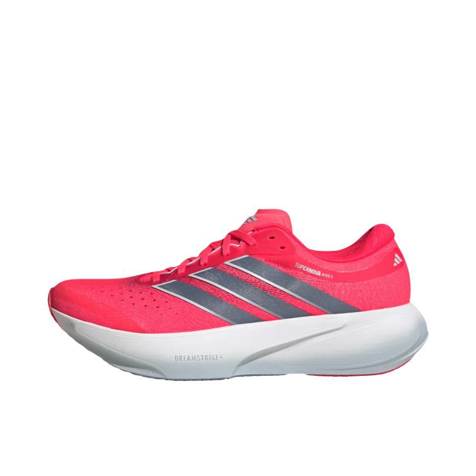 推荐商品：adidas SUPERNOVA RISE 3 跑鞋 百搭时尚舒适回弹防滑贴合支撑体测稳定慢跑 亮红色/科技墨水/光环蓝