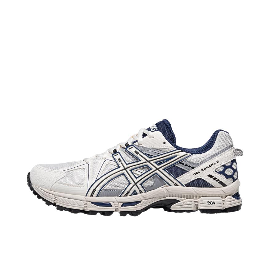 推荐商品：Asics/亚瑟士 Gel-Kahana 8 越野跑鞋 抓地稳定增高缓震回弹网面复古稳定支撑 米白色/蓝色
