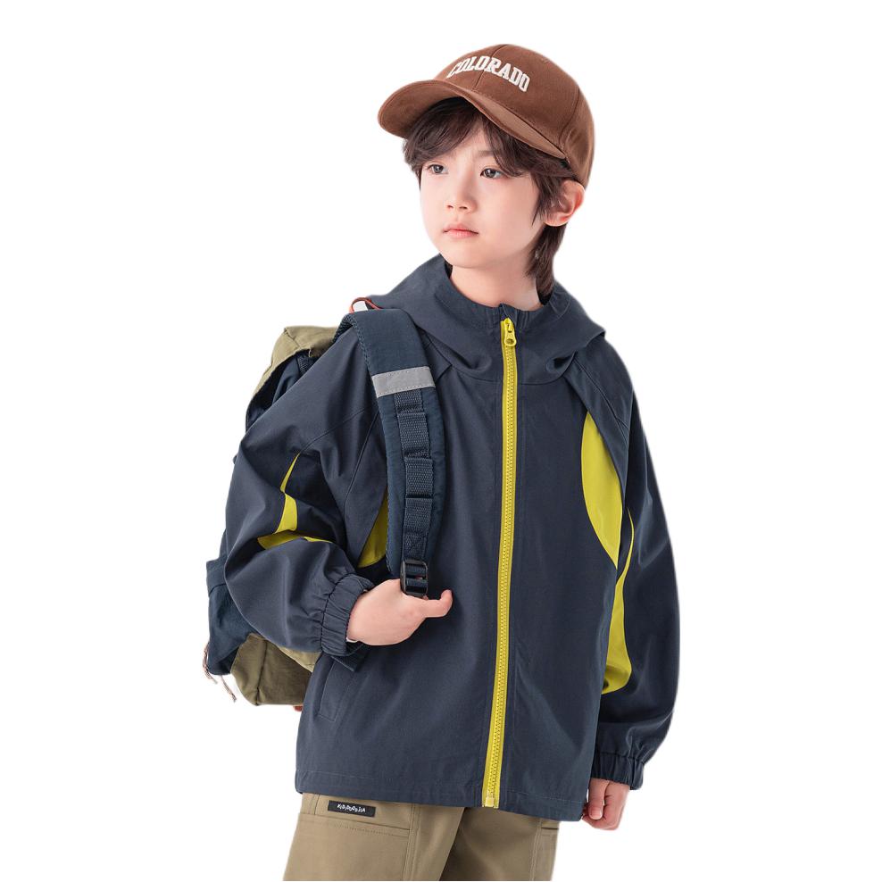 推荐商品：多多家童装 2026AW 防泼水拉链有帽拼色夹克 男中大童 WS6Q11958B 藏青
