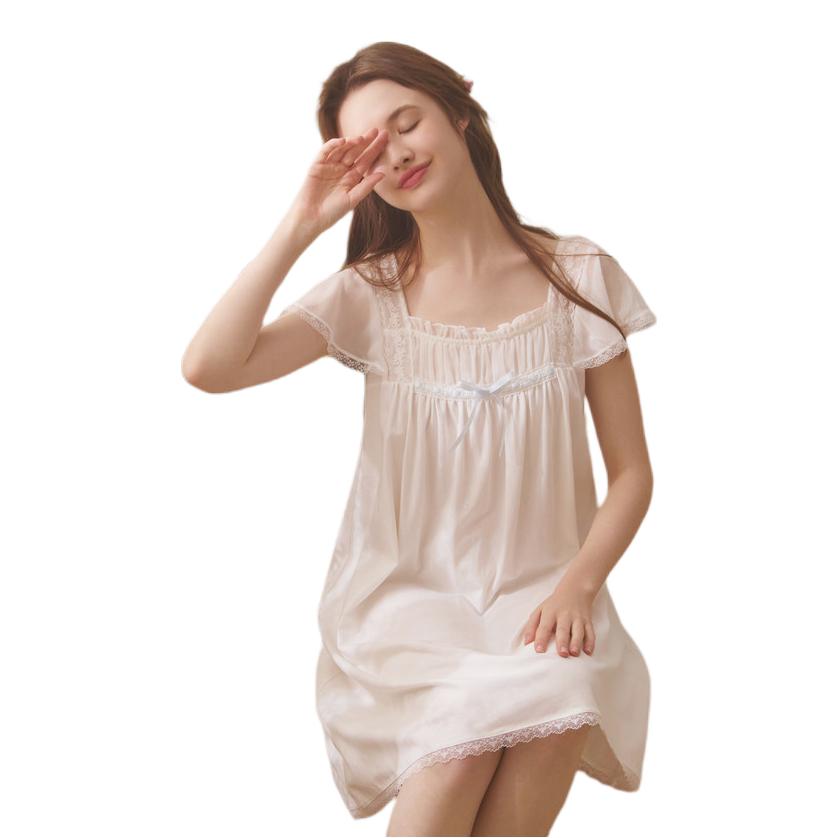 推荐商品：Rose Tree 2026SS 纯色蕾丝方领短袖睡裙 女装 rtts24c050 米白