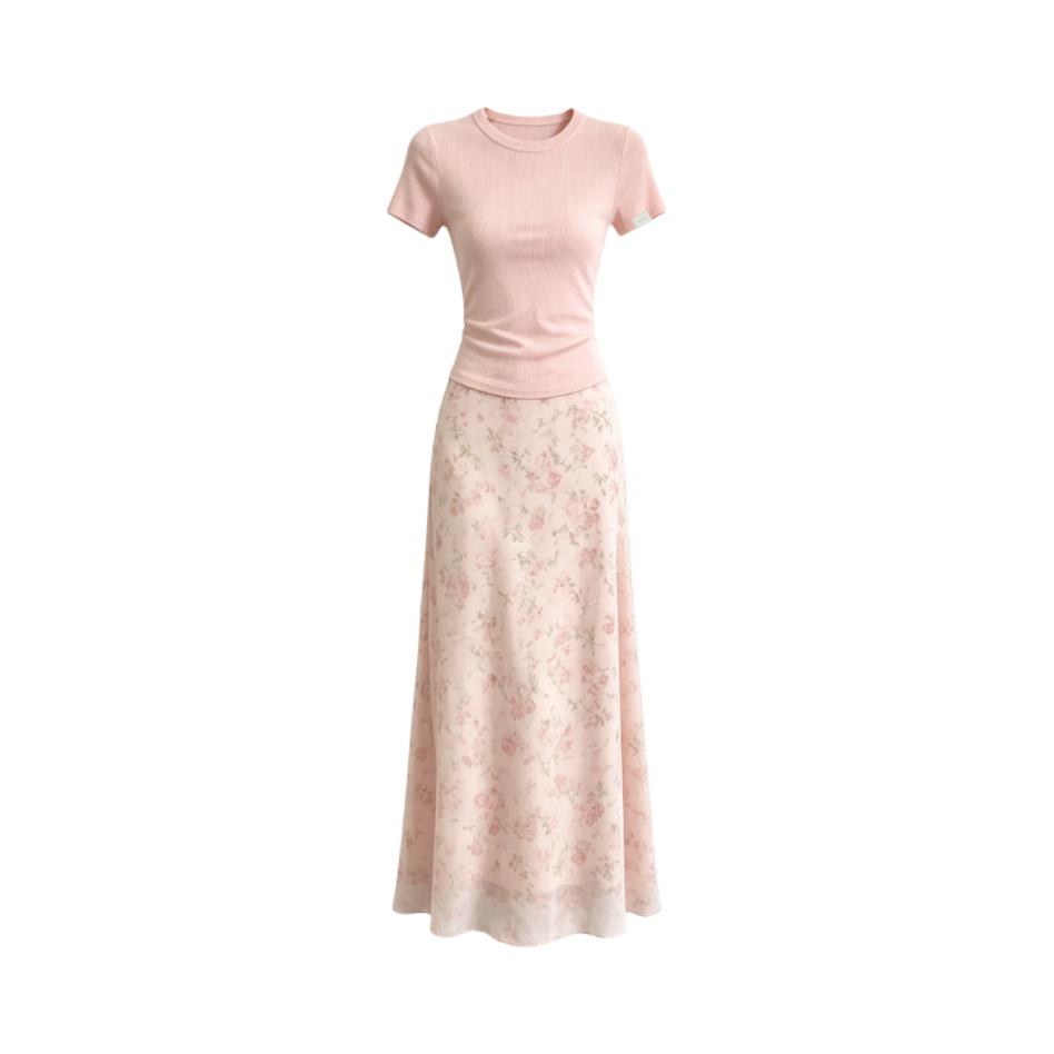推荐商品：evpgb 2026AW 韩版学院风掐腰碎花短袖休闲套装 女装 EVPGB-LS-YFWP-578 粉