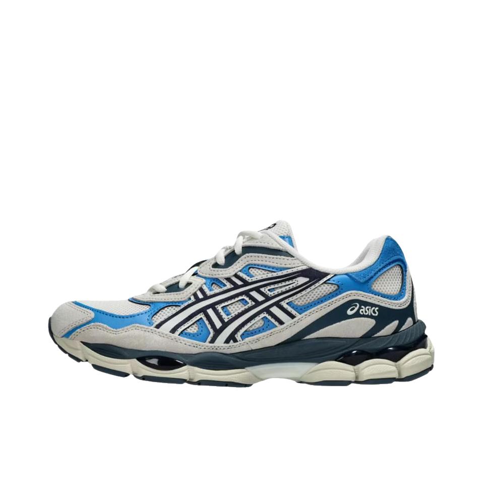 推荐商品：Asics/亚瑟士 Gel-NYC 跑鞋 圆头缓震防滑耐磨机能风复古潮流织物合成革贴合支撑耐穿 蓝色/米色/黑色