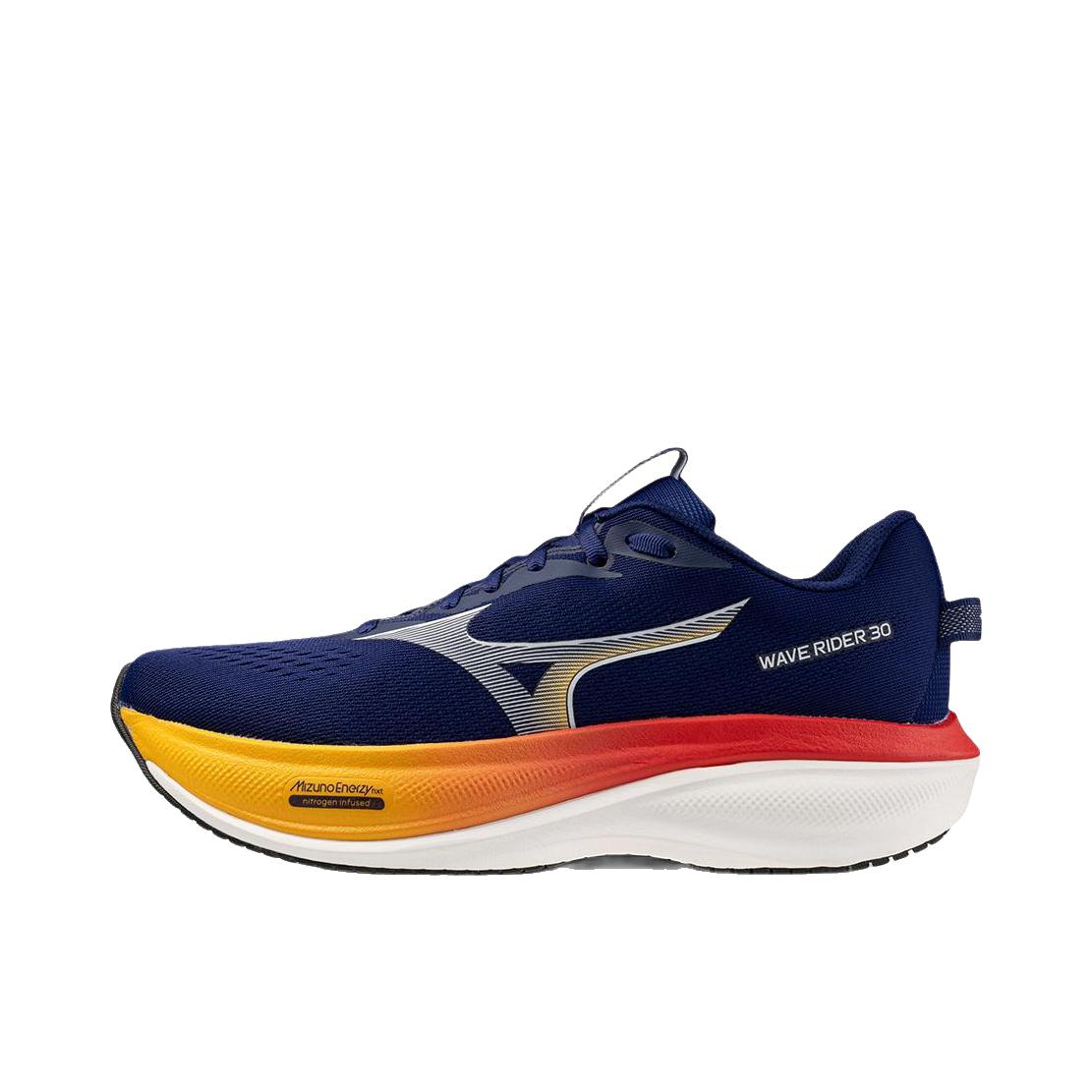 推荐商品：Mizuno/美津浓 Wave Rider 30 跑鞋 时尚舒适百搭 4E宽/海军蓝/白色/橙色 