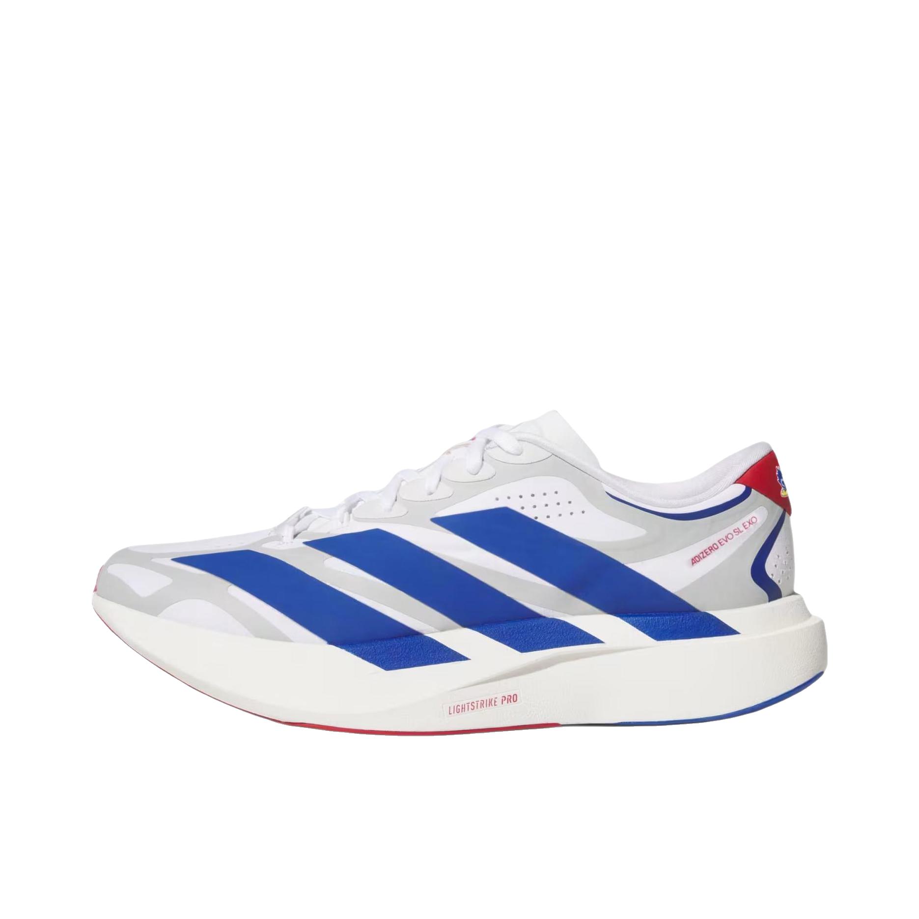 推荐商品：adidas Adizero Evo SL EXO 跑鞋 马拉松竞速橡胶回弹舒适贴合 奶白色/蓝色