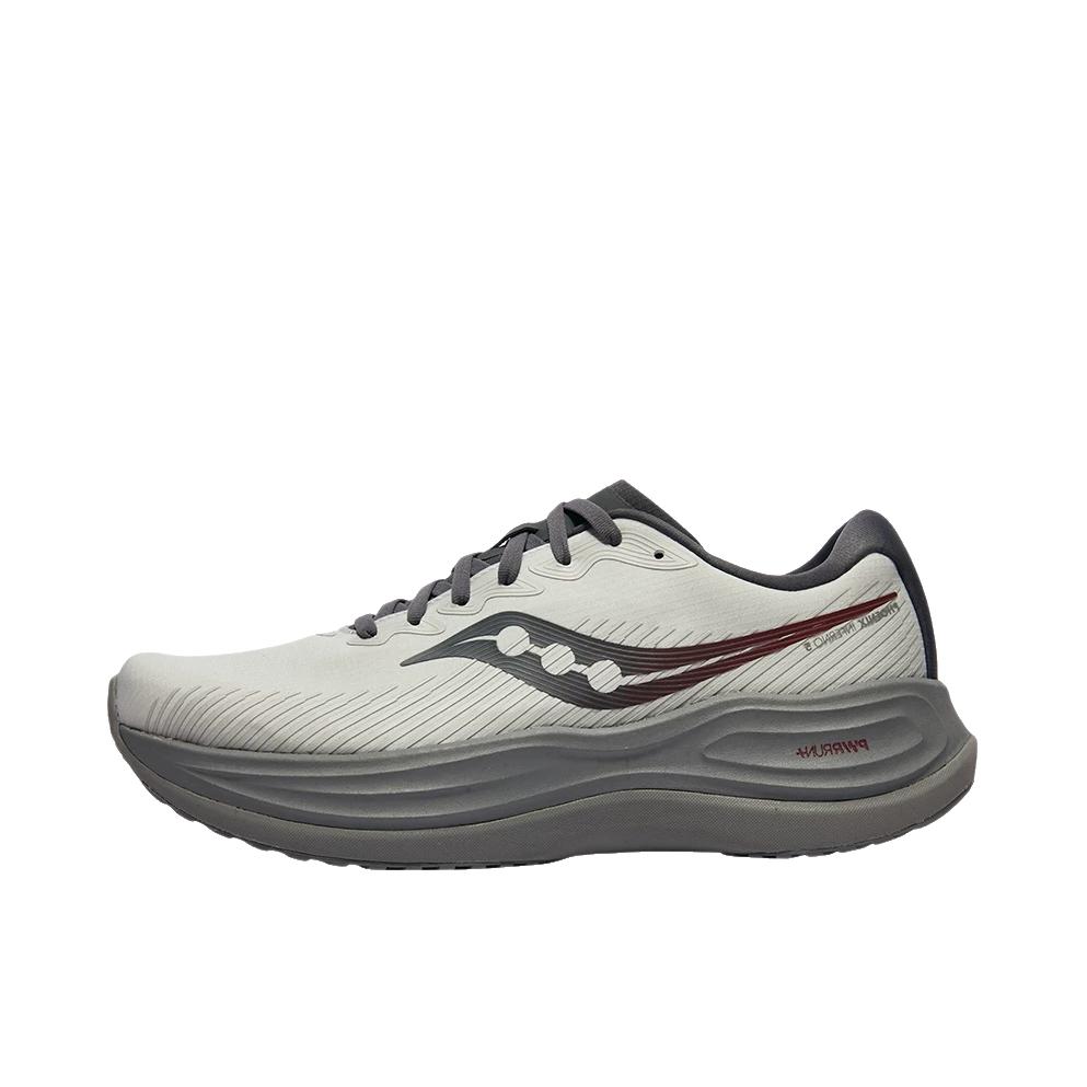 推荐商品：Saucony/索康尼 PHOENIX INFERNO 火鸟 5 跑鞋 减震回弹慢跑耐磨训练 灰色/暗红色